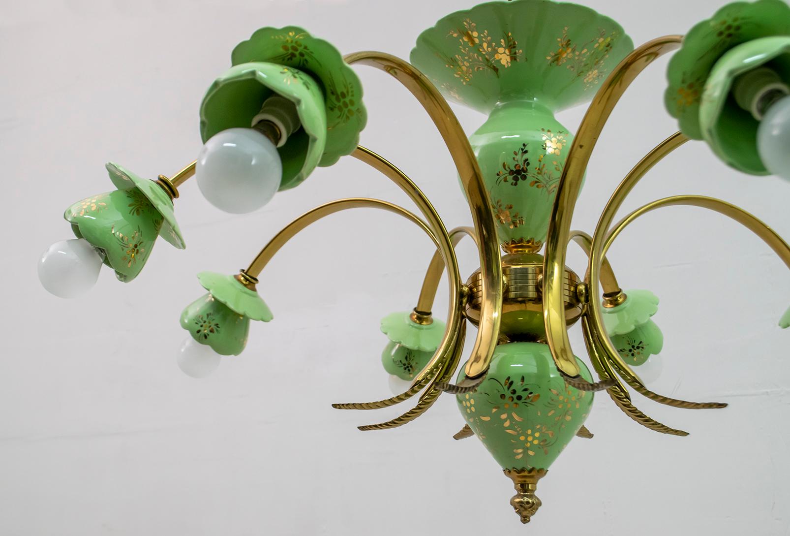 Neoclassical Style 8-Iight Italian Porcelain and Brass Chandelier, 1960s For Sale 3