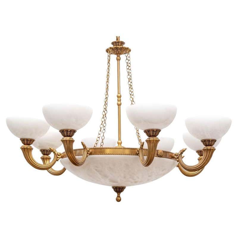 American Style Art Deco Bronze and Alabaster Shades Chandelier or ...
