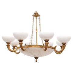 Neoclassical Style 8 Light Brass Chandelier with White Alabaster Shades