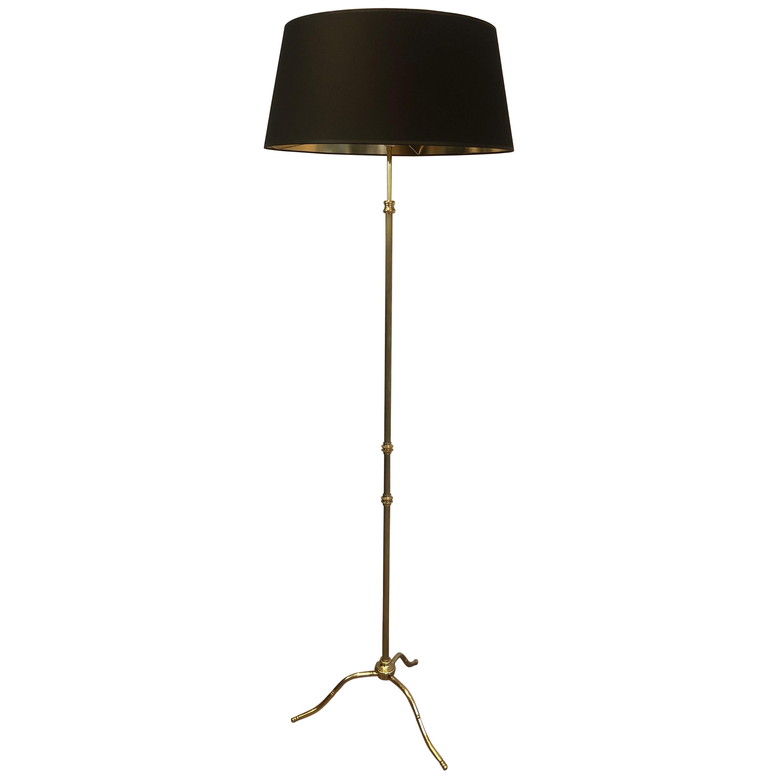 Neoclassical Style Adjustable Brass Floor Lamp with Black Shintz Shade Gilt Insi