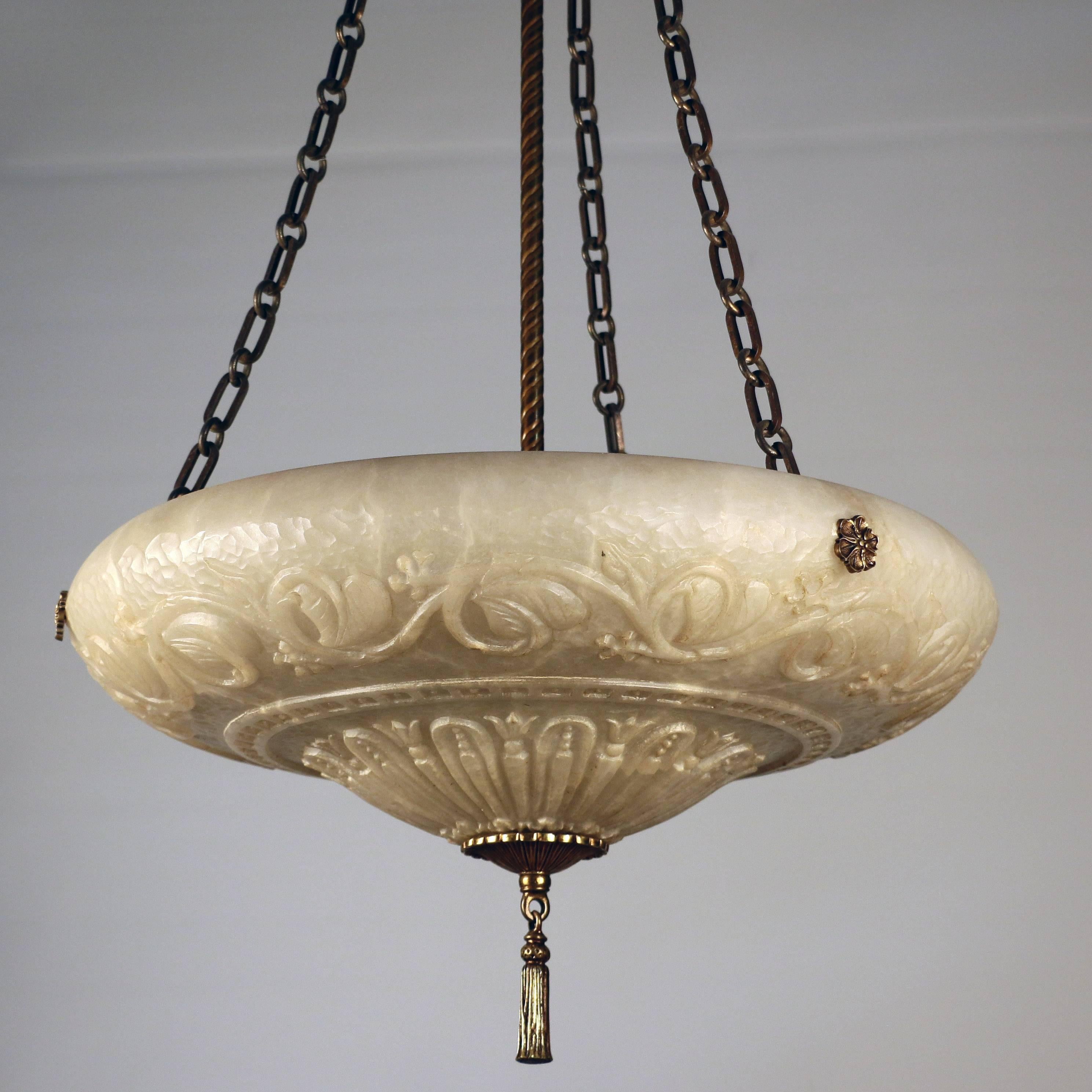 Neoclassical Style Alabaster Three-Light Ceiling Fixture In Good Condition In Montreal, QC