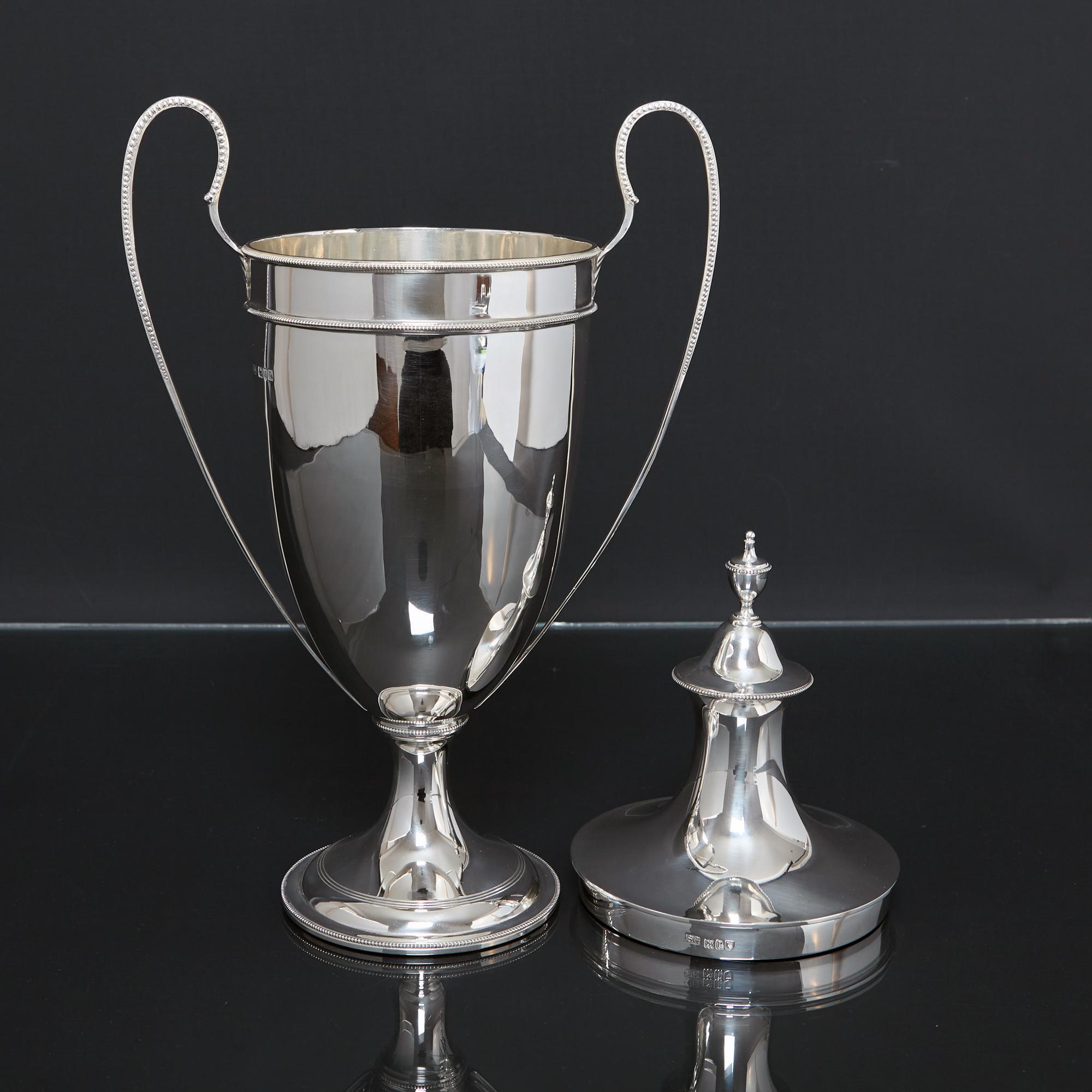 British Neoclassical style antique silver trophy cup & cover