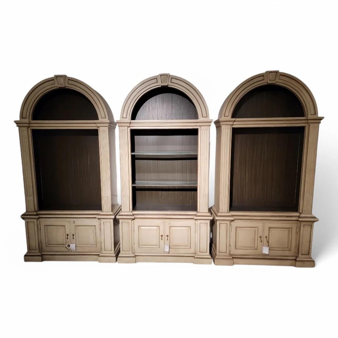 Wood Neoclassical Style Arched Bookcase Display Cabinets By Berhardt, Set Of 3 For Sale