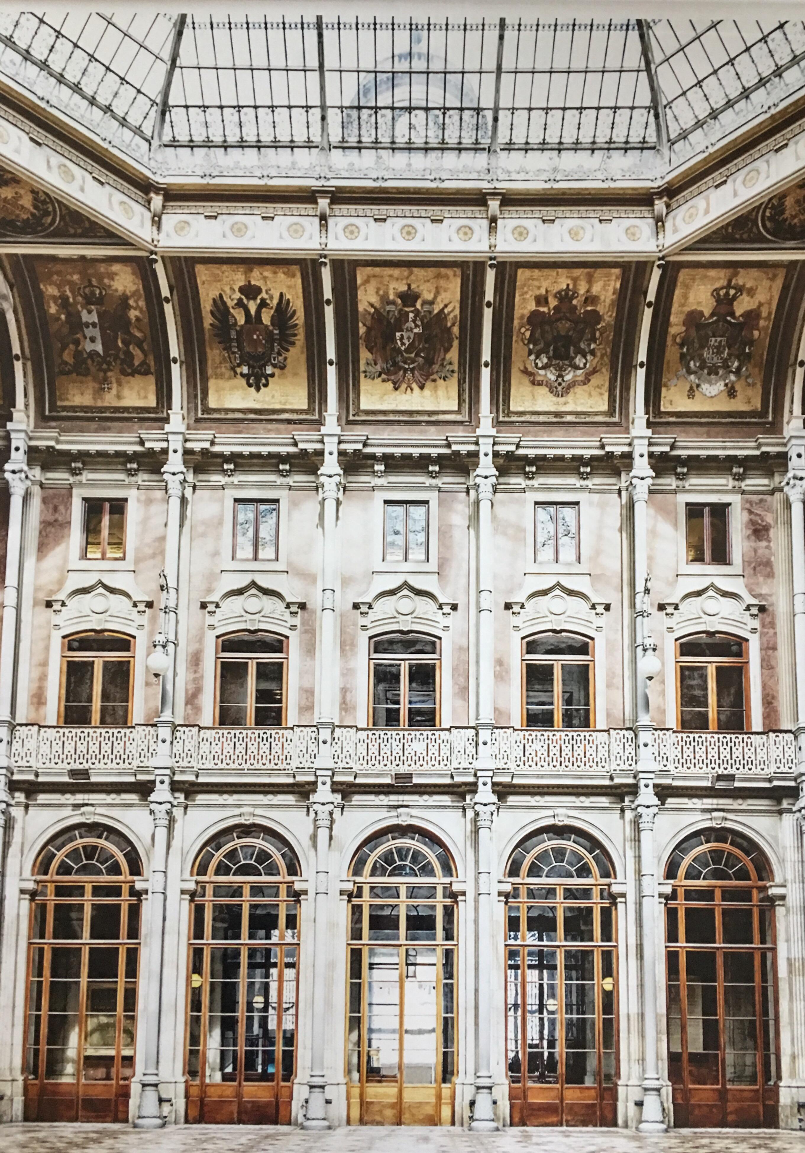Large interior framed art photograph of the Stock Exchange Palace historical building in Porto, Portugal. The palace was built in the 19th century by the city's Commercial Association in neoclassical style. It is located in the Infante D. Henrique