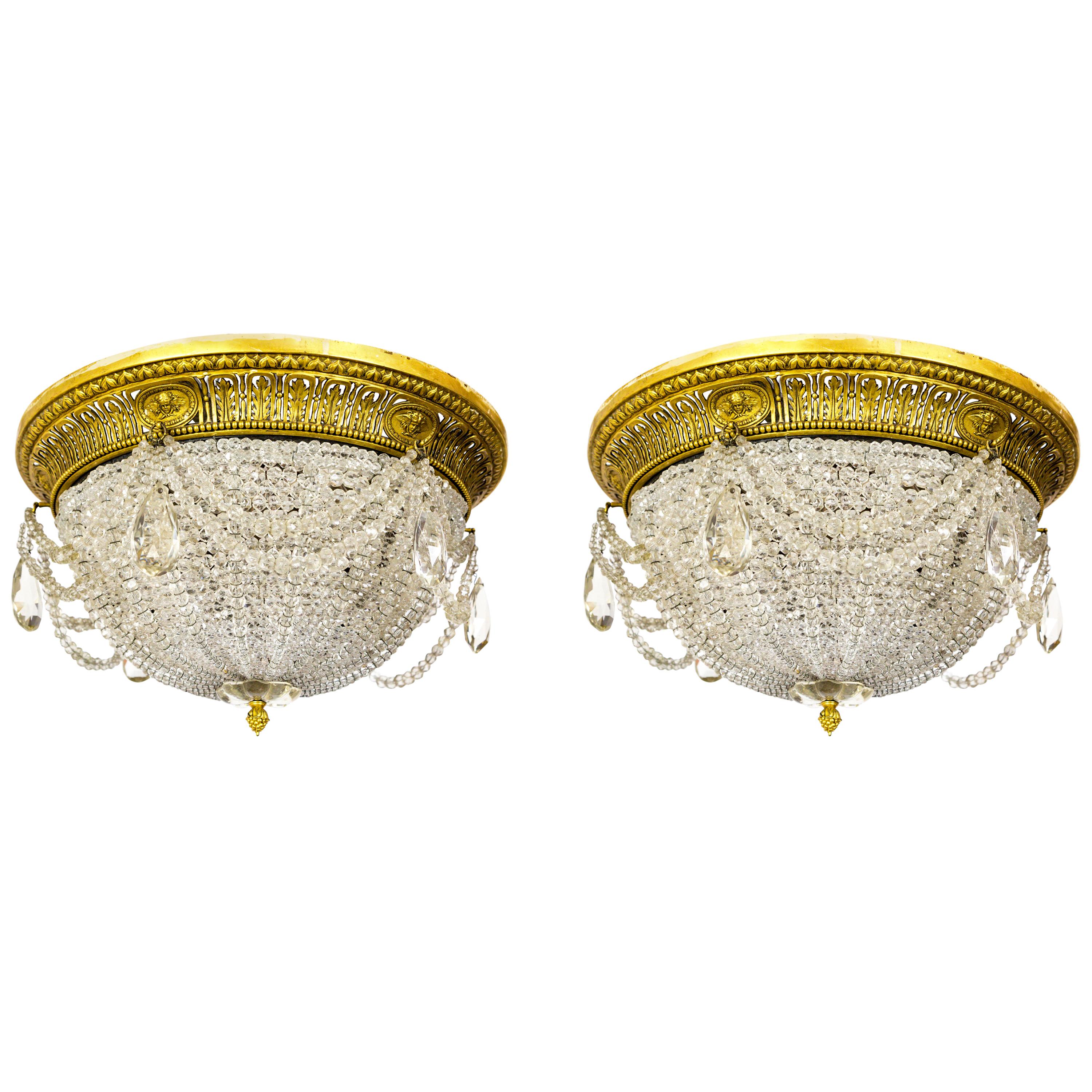Neoclassical Style Beaded Crystal Dome Flush Mounts, Pair