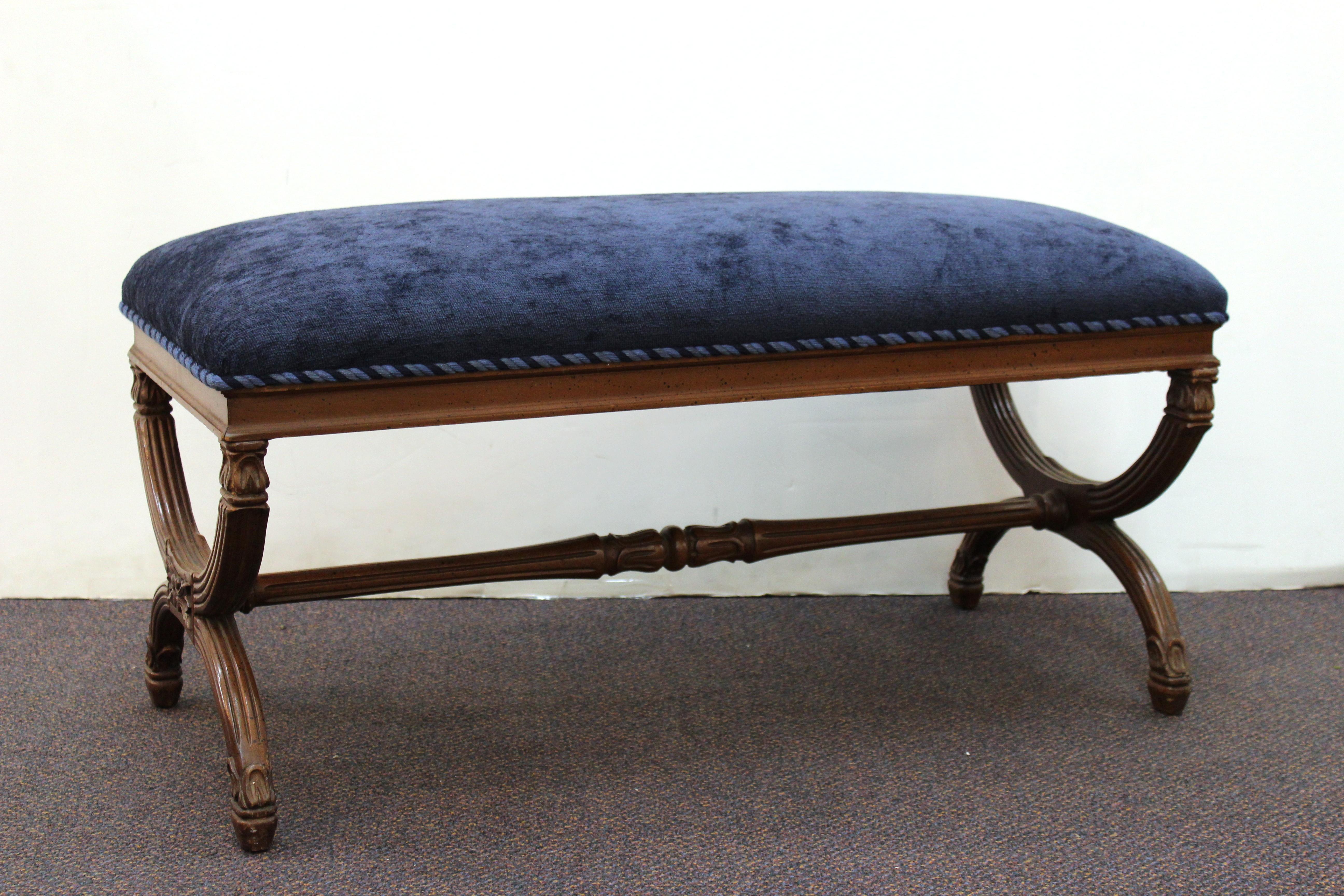 American Neoclassical Style Bench with Braided Trim and Navy Chenille Upholstery