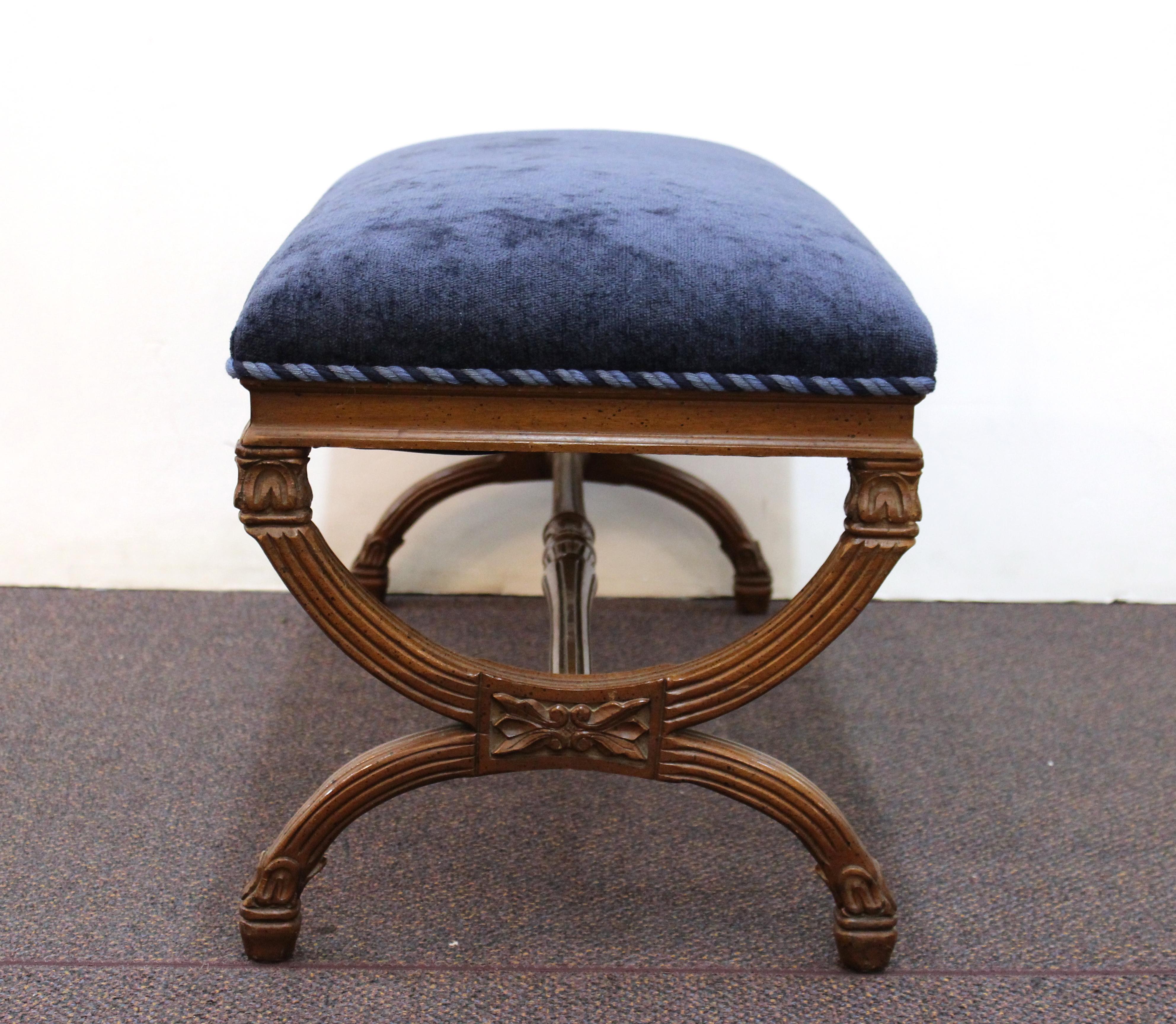 Neoclassical Style Bench with Braided Trim and Navy Chenille Upholstery In Good Condition In New York, NY
