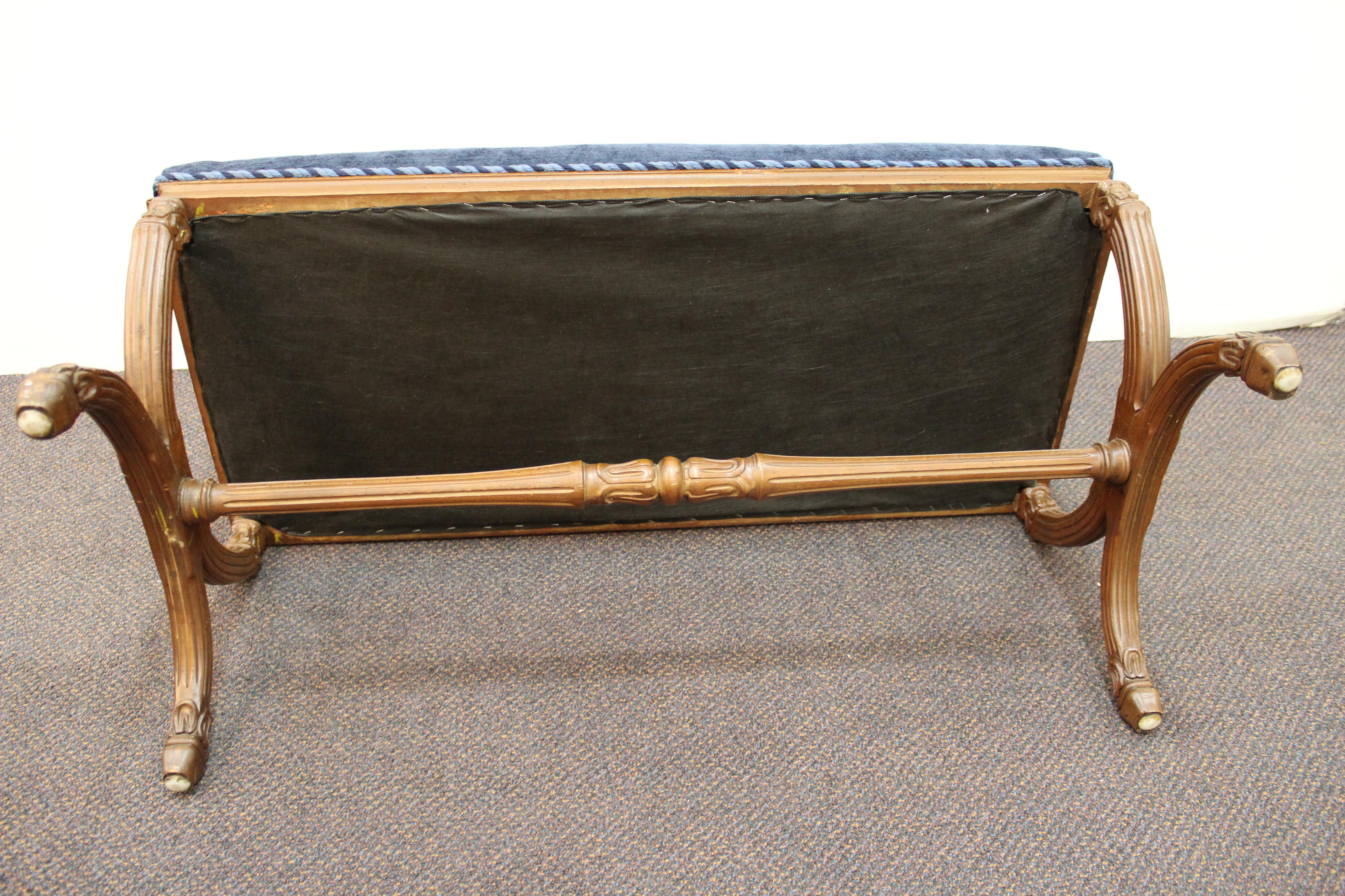 20th Century Neoclassical Style Bench with Braided Trim and Navy Chenille Upholstery