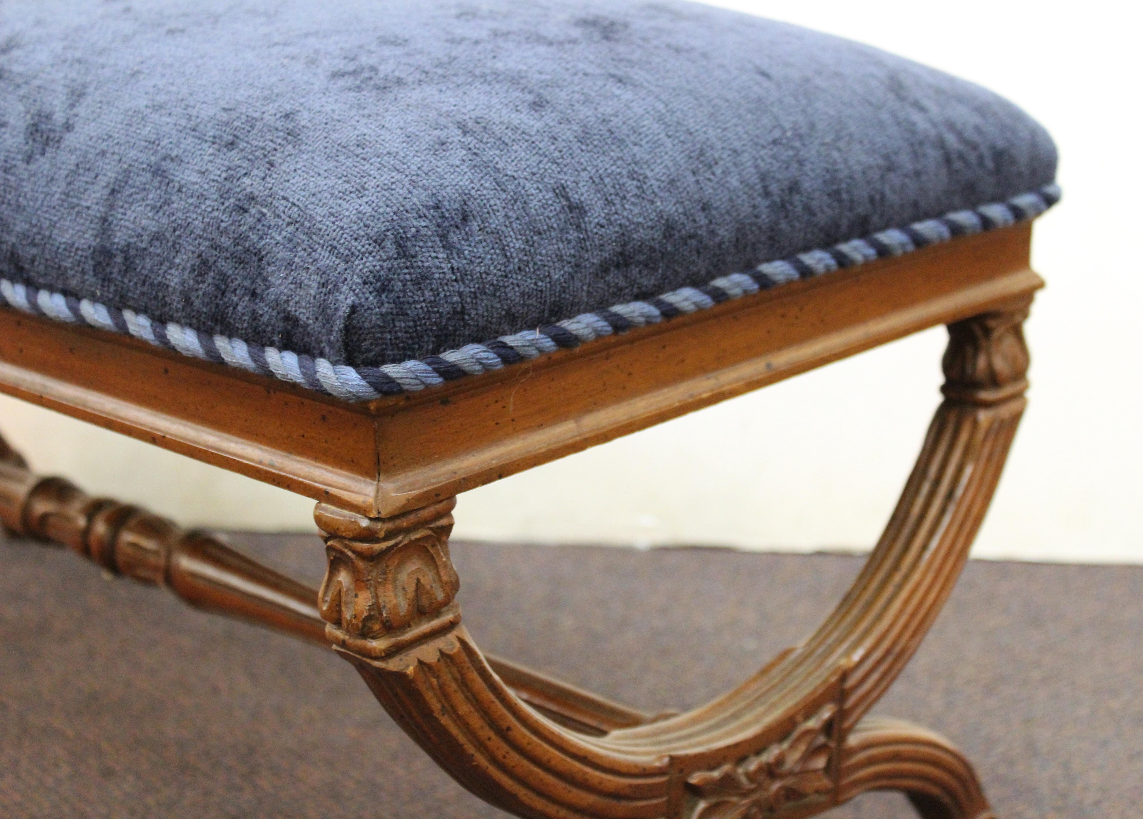 Neoclassical Style Bench with Braided Trim and Navy Chenille Upholstery 1
