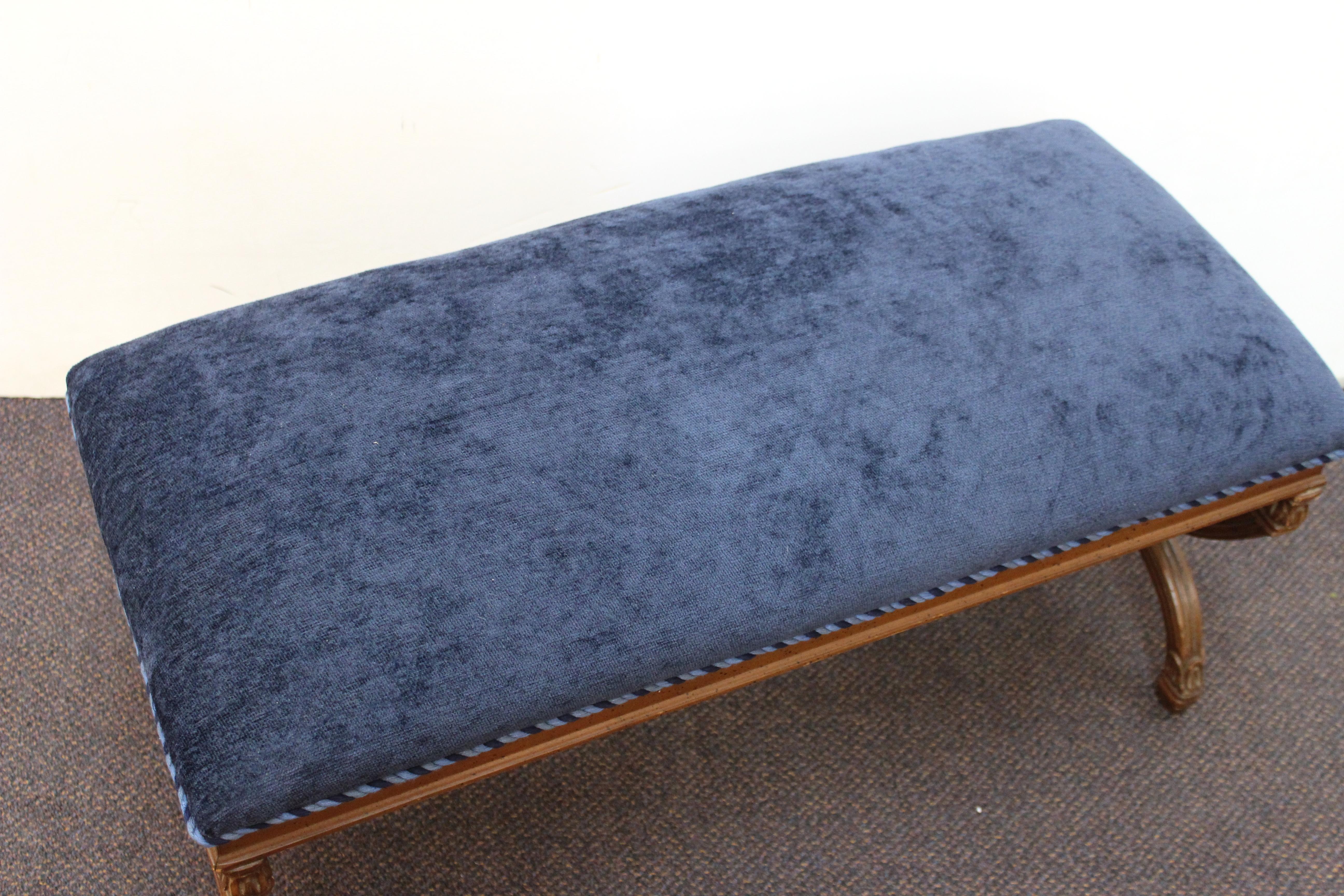 Neoclassical Style Bench with Braided Trim and Navy Chenille Upholstery 2