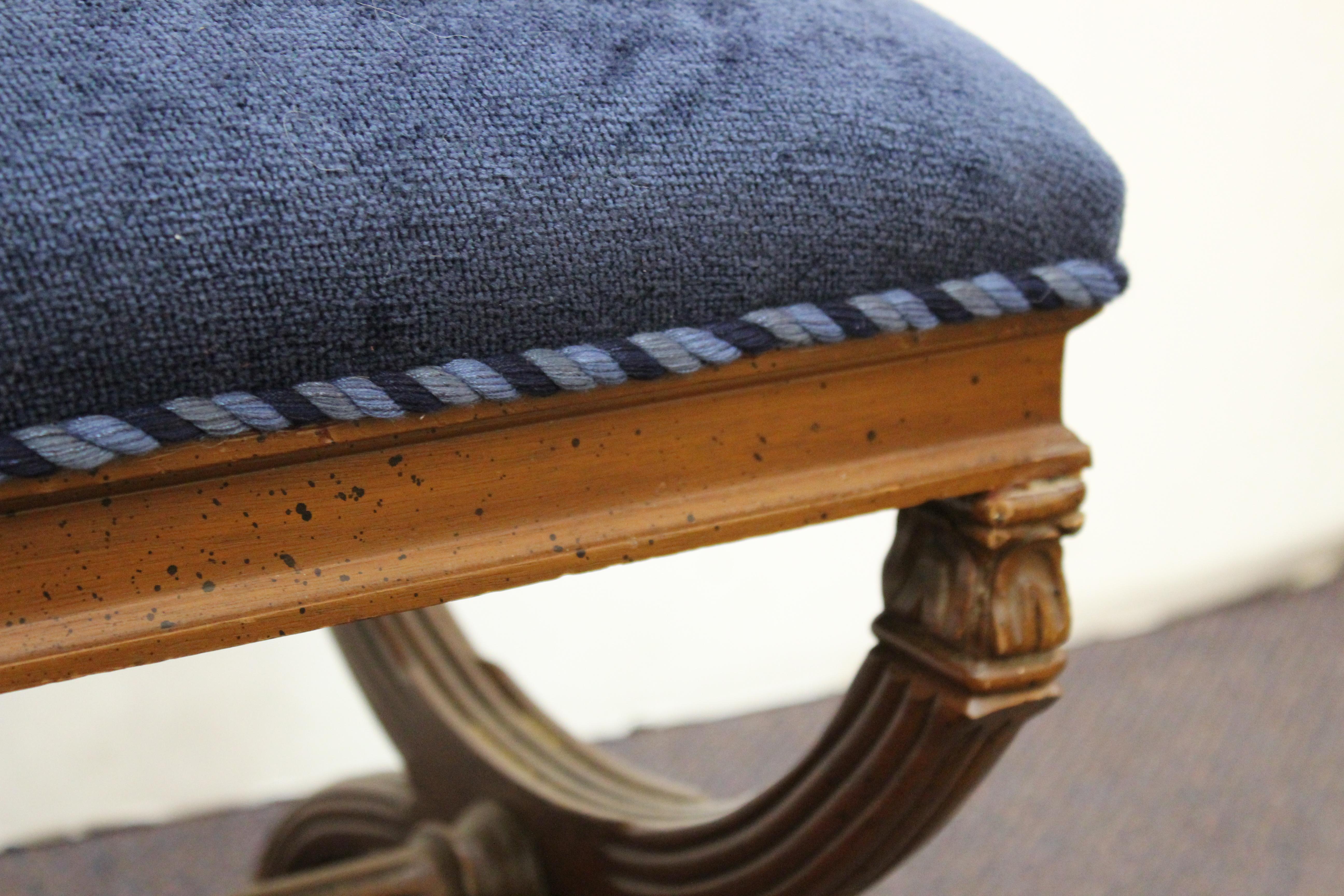 Neoclassical Style Bench with Braided Trim and Navy Chenille Upholstery 3