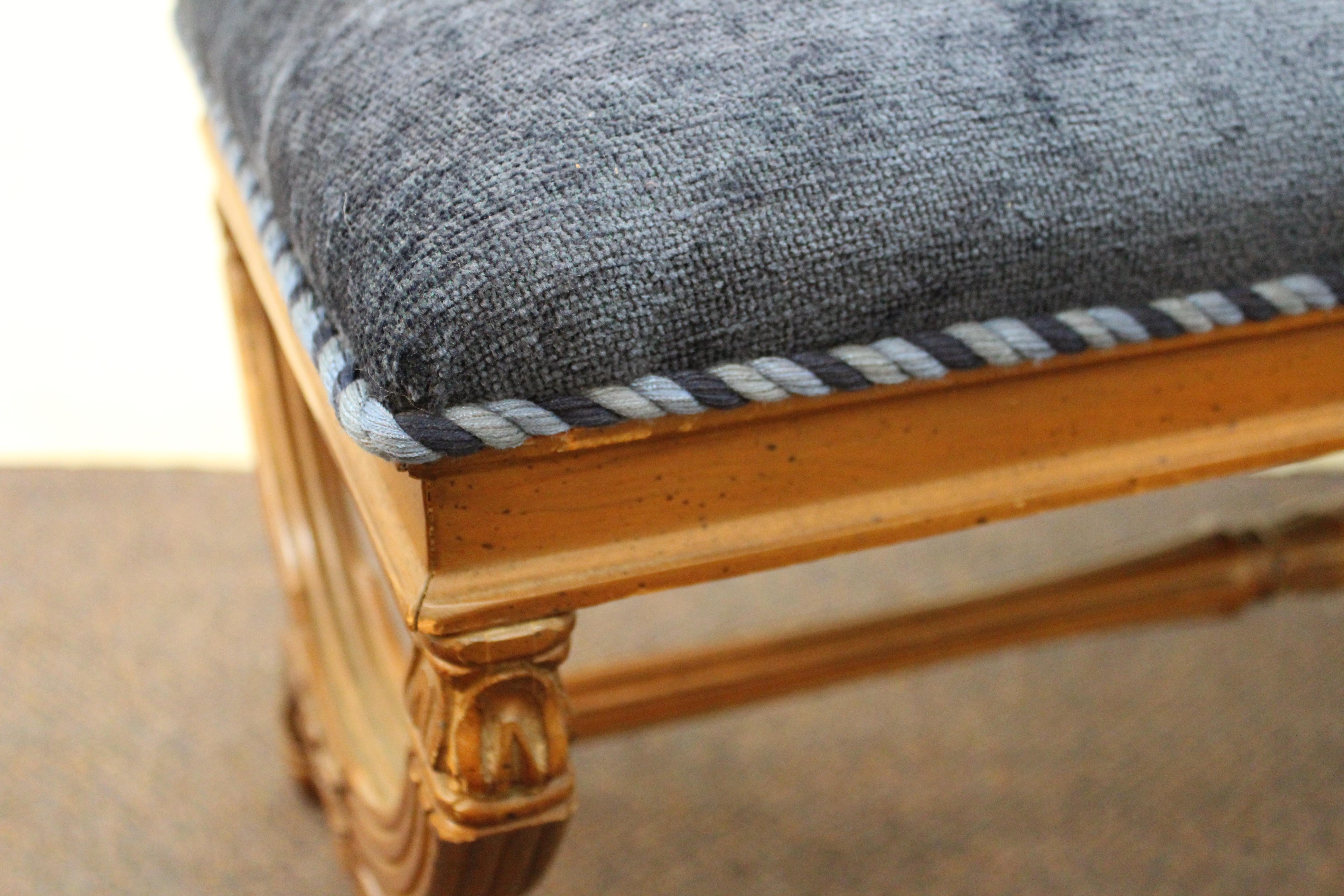 Neoclassical Style Bench with Braided Trim and Navy Chenille Upholstery 4