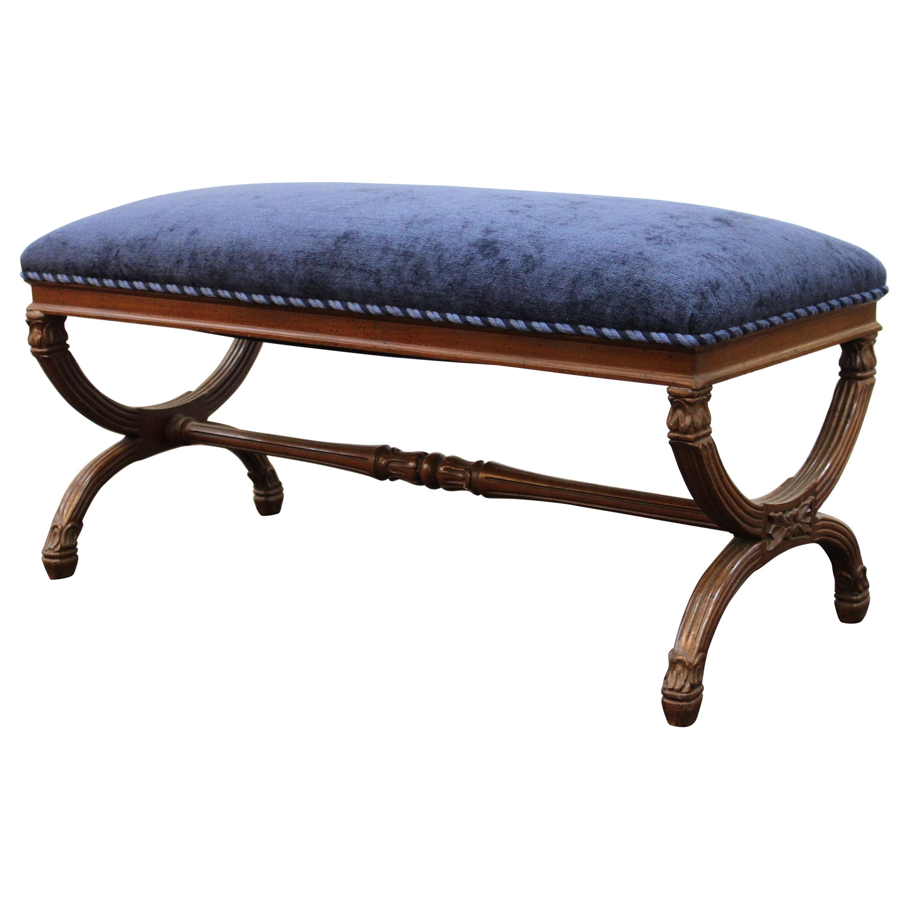 Neoclassical Style Bench with Braided Trim and Navy Chenille Upholstery