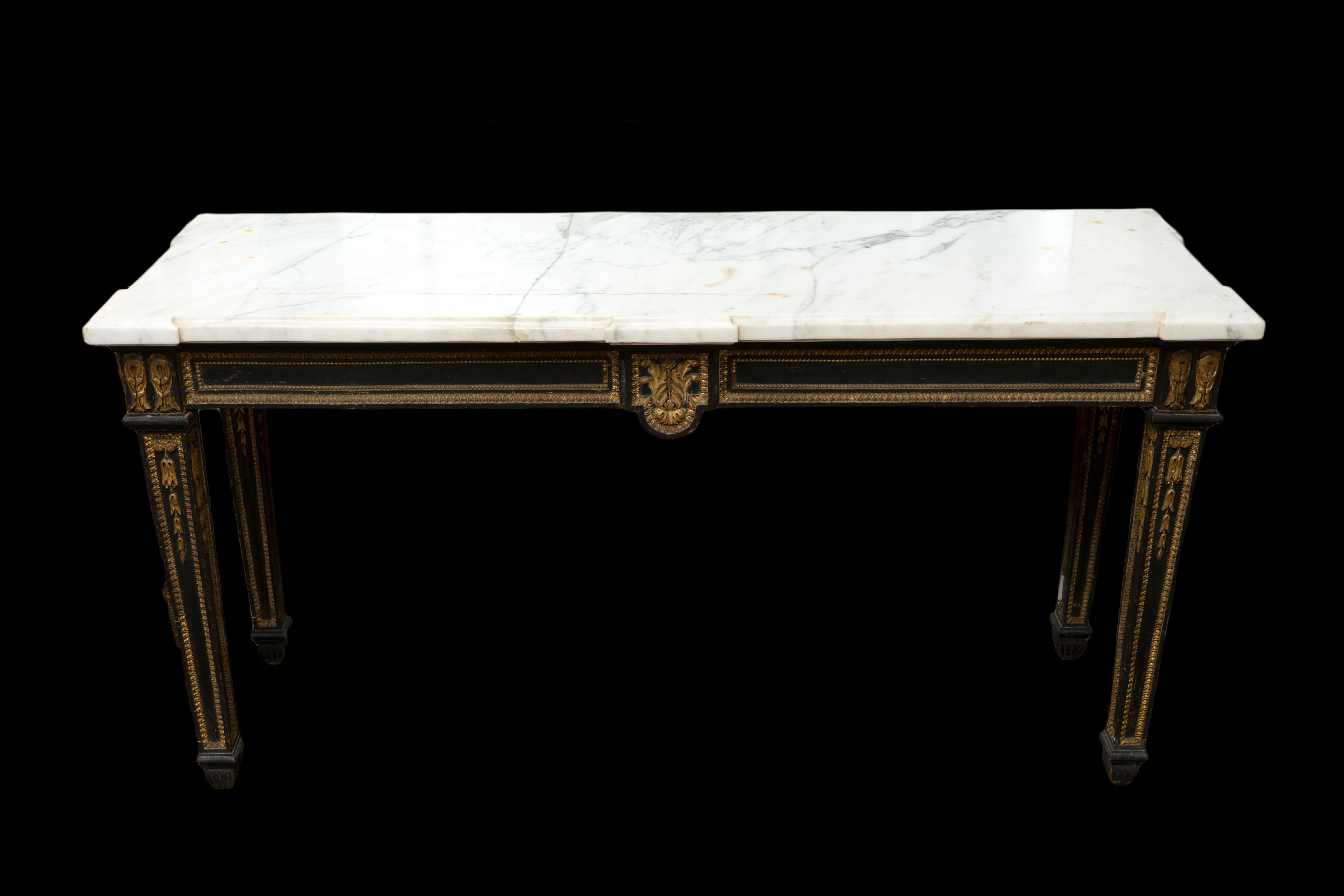 Neoclassical style black and gold console with white marble top from the 19th century.

Measures: 63