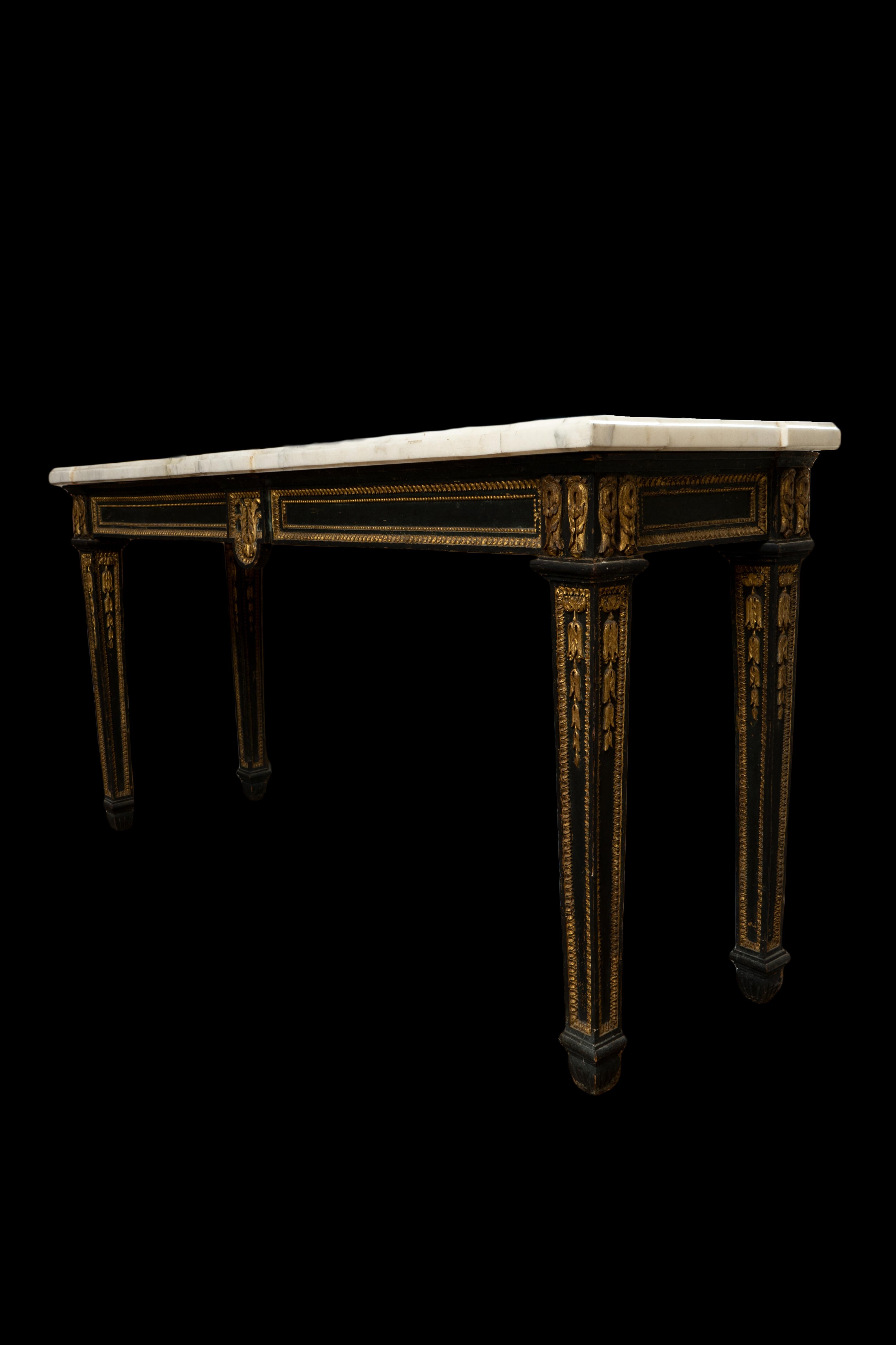 Neoclassical Style Black and Gold Console with White Marble Top In Good Condition In New York, NY