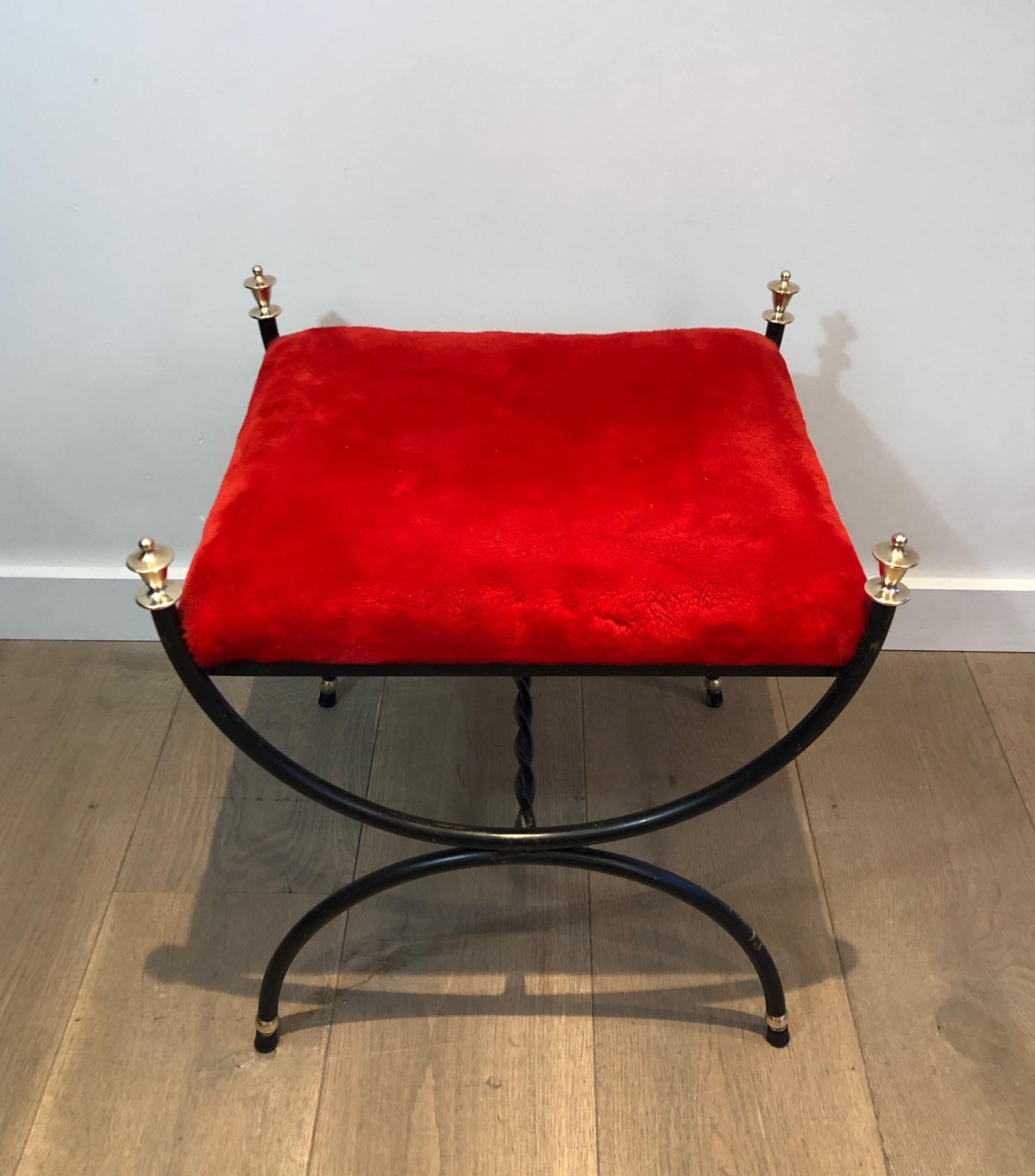 Neoclassical Style Black Lacquered and Brass Stool with Velvet Seat, circa 1940 8