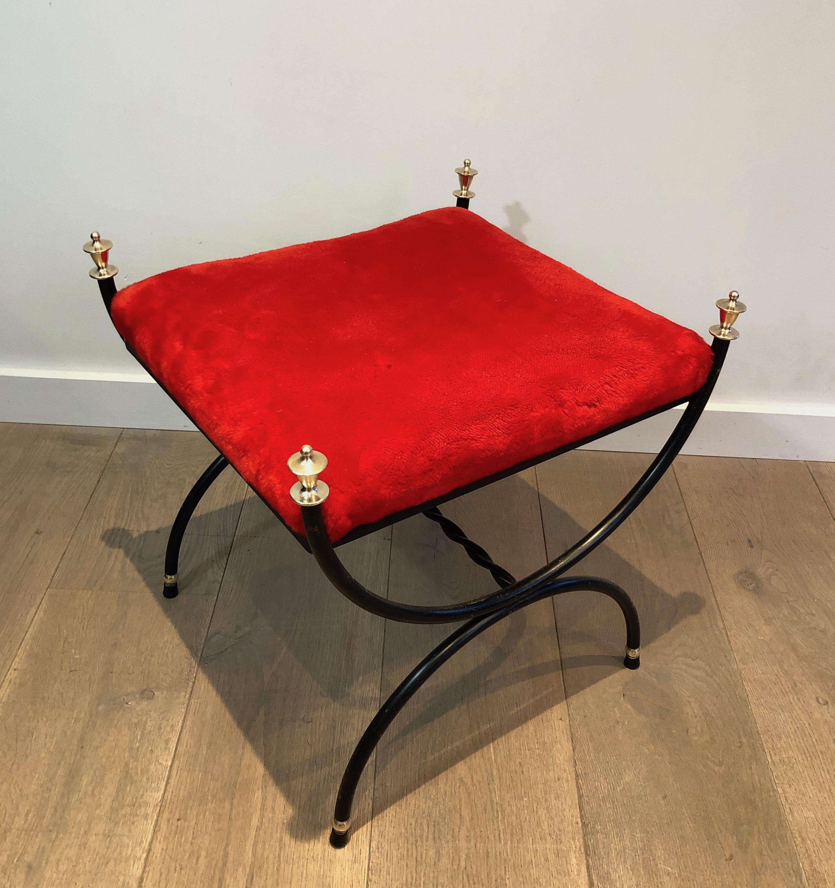 Neoclassical Style Black Lacquered and Brass Stool with Velvet Seat, circa 1940 9