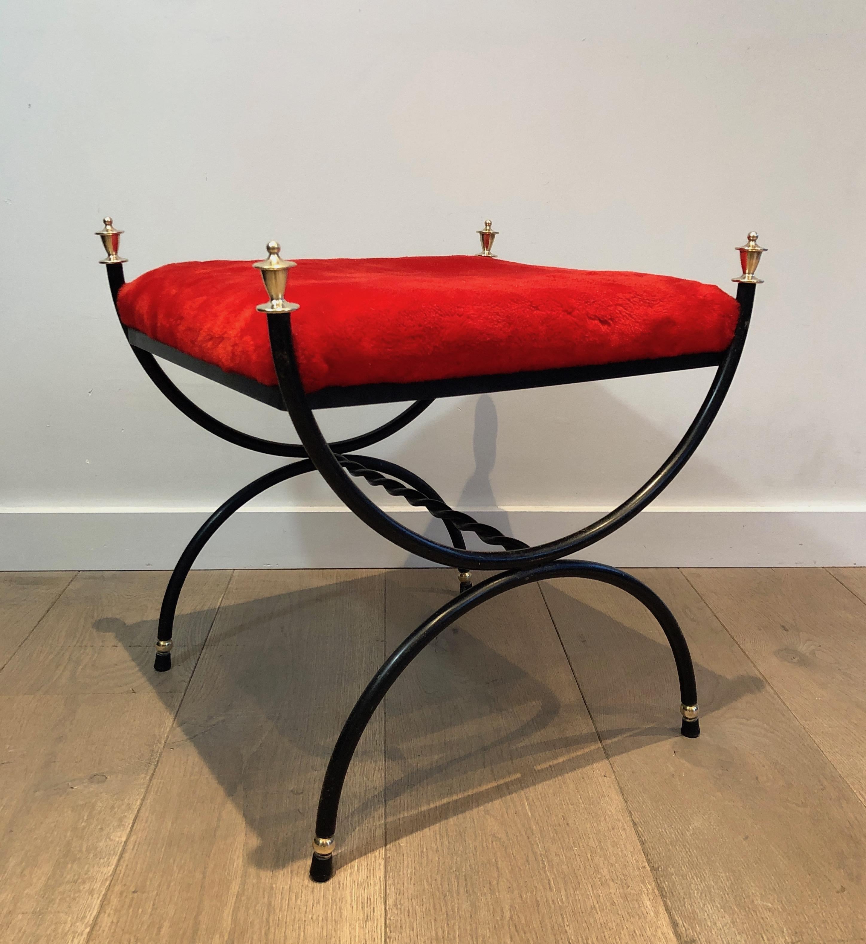 Neoclassical Style Black Lacquered and Brass Stool with Velvet Seat, circa 1940 10