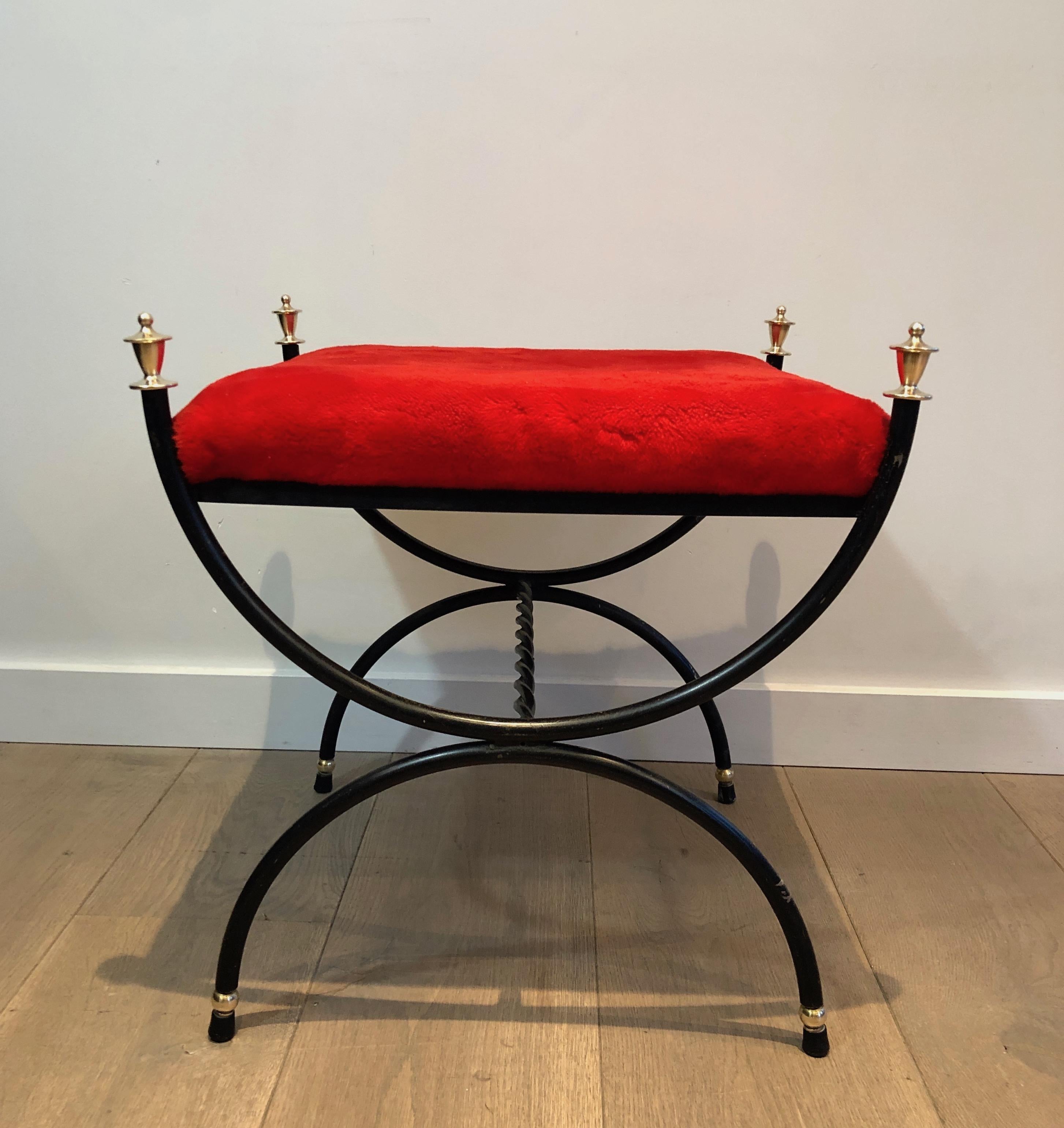 Neoclassical Style Black Lacquered and Brass Stool with Velvet Seat, circa 1940 11