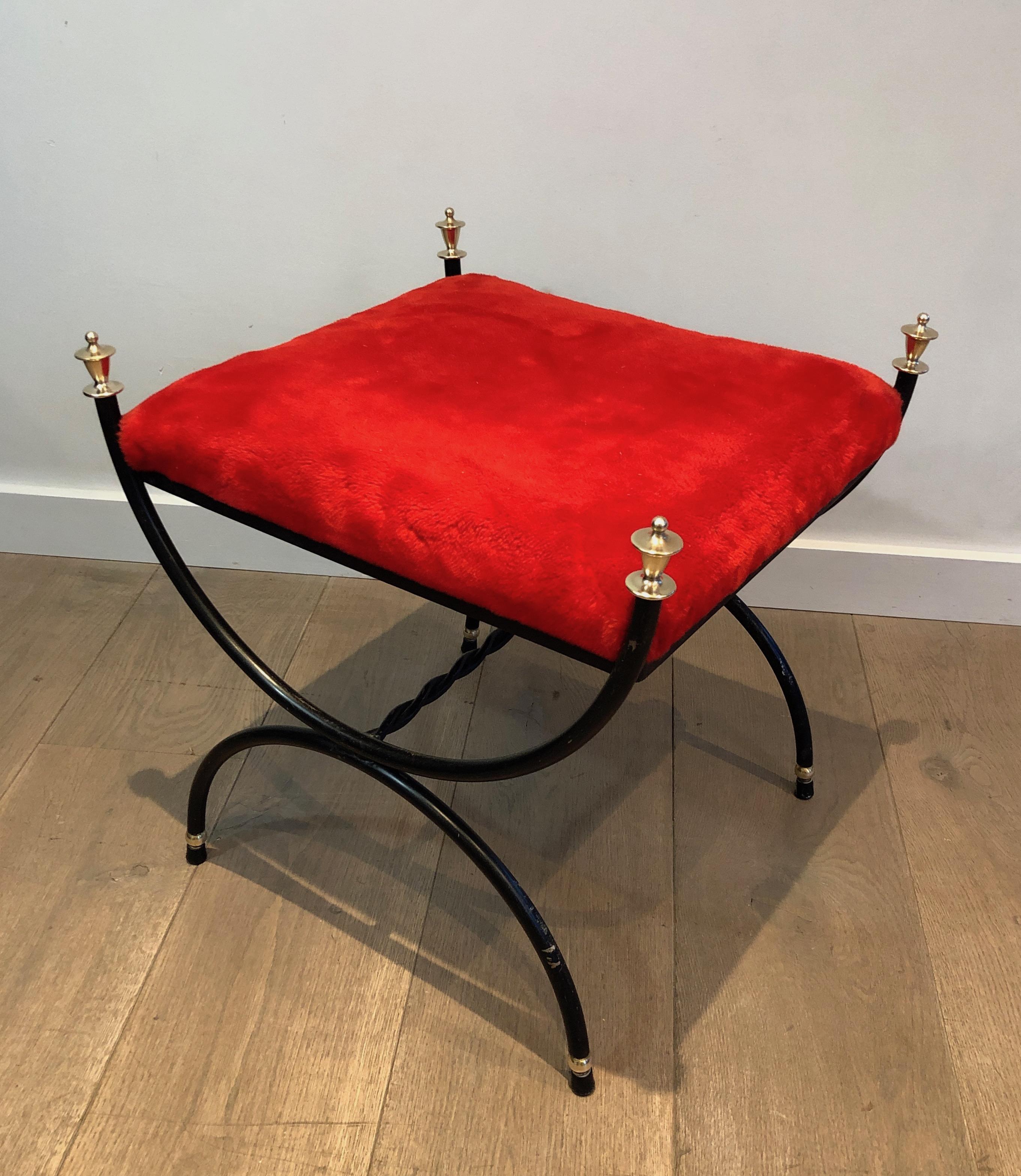 Neoclassical Style Black Lacquered and Brass Stool with Velvet Seat, circa 1940 12