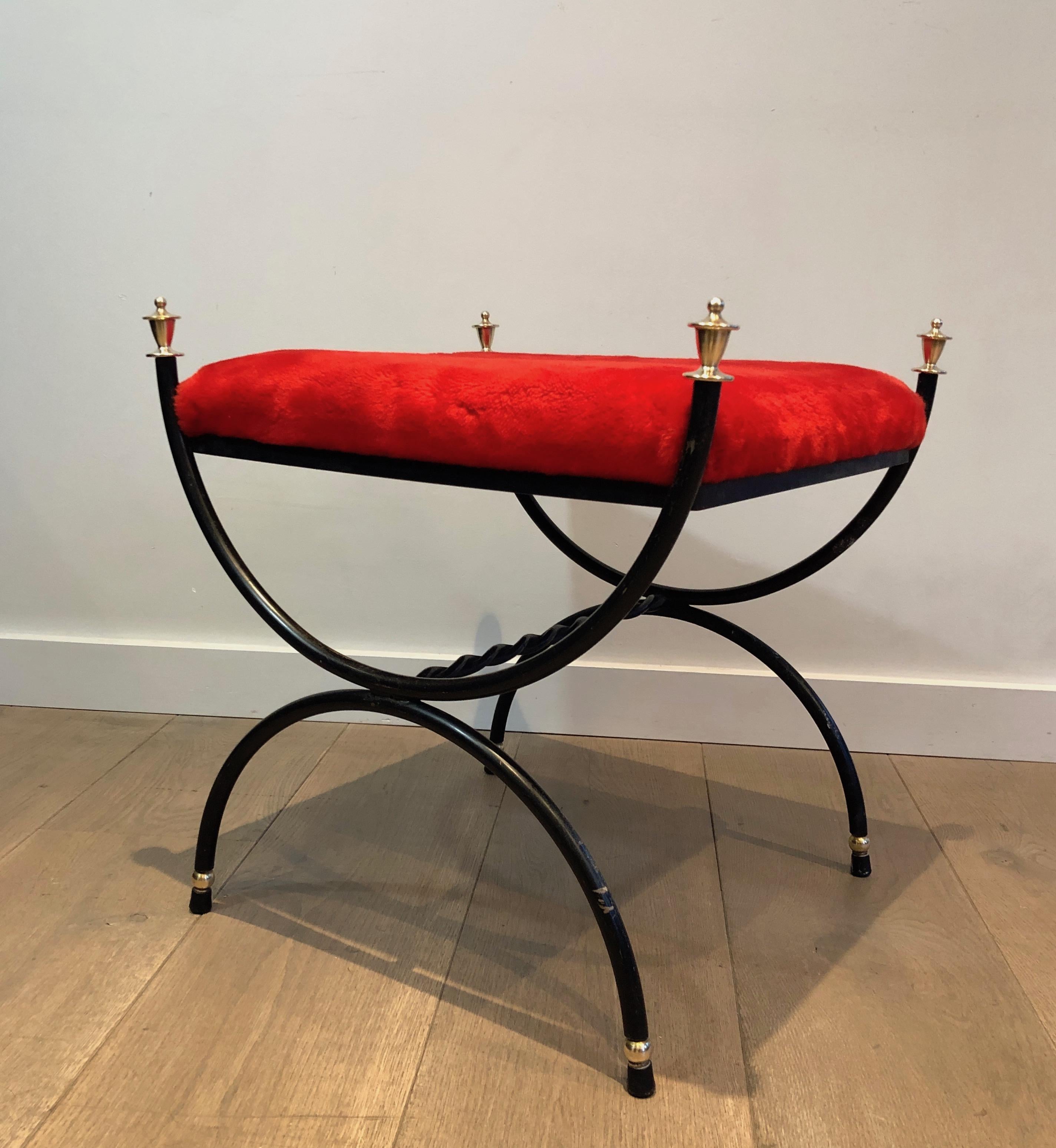 Neoclassical Style Black Lacquered and Brass Stool with Velvet Seat, circa 1940 13