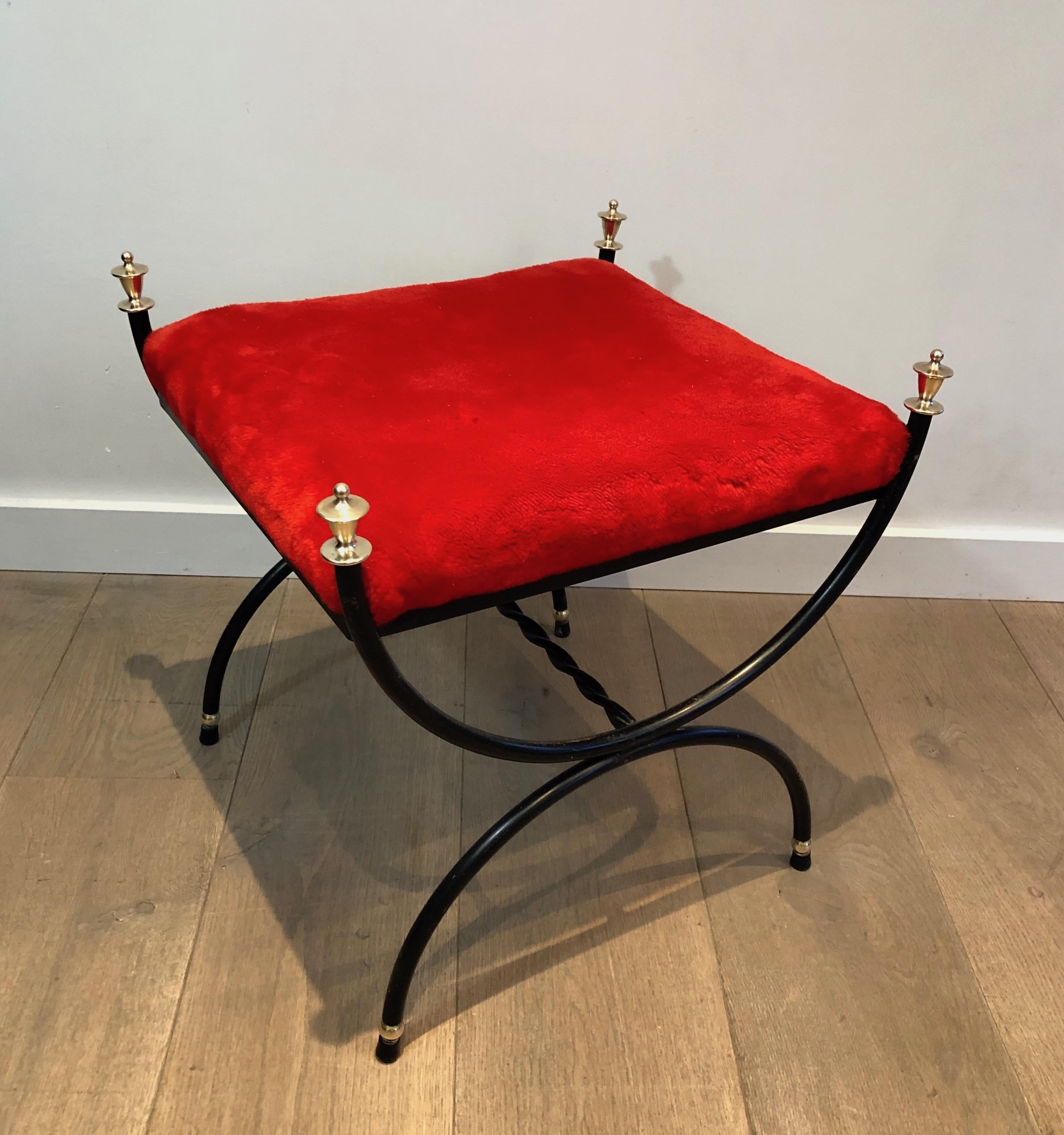 French Neoclassical Style Black Lacquered and Brass Stool with Velvet Seat, circa 1940