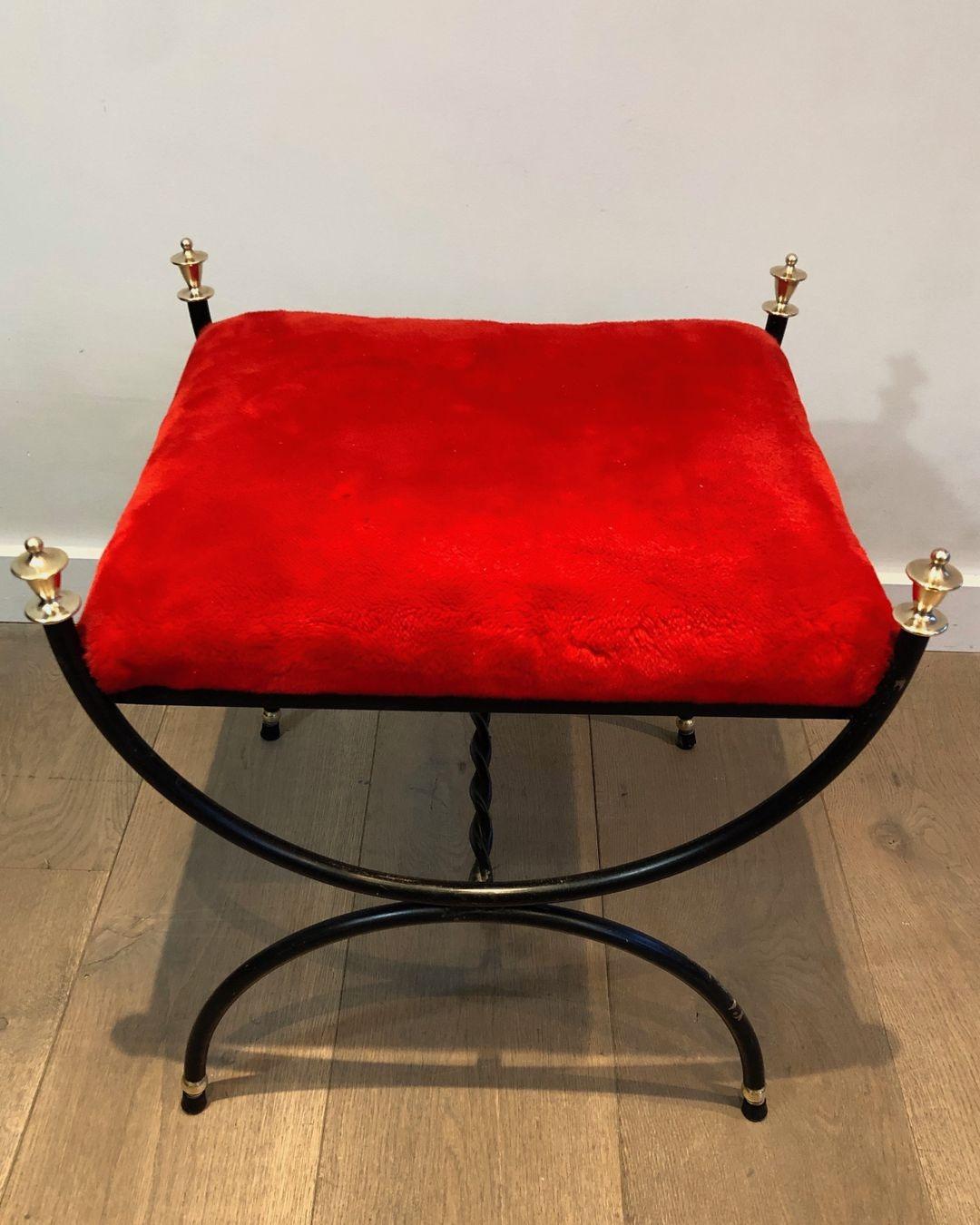 Neoclassical Style Black Lacquered and Brass Stool with Velvet Seat, circa 1940 In Good Condition In Marcq-en-Barœul, Hauts-de-France