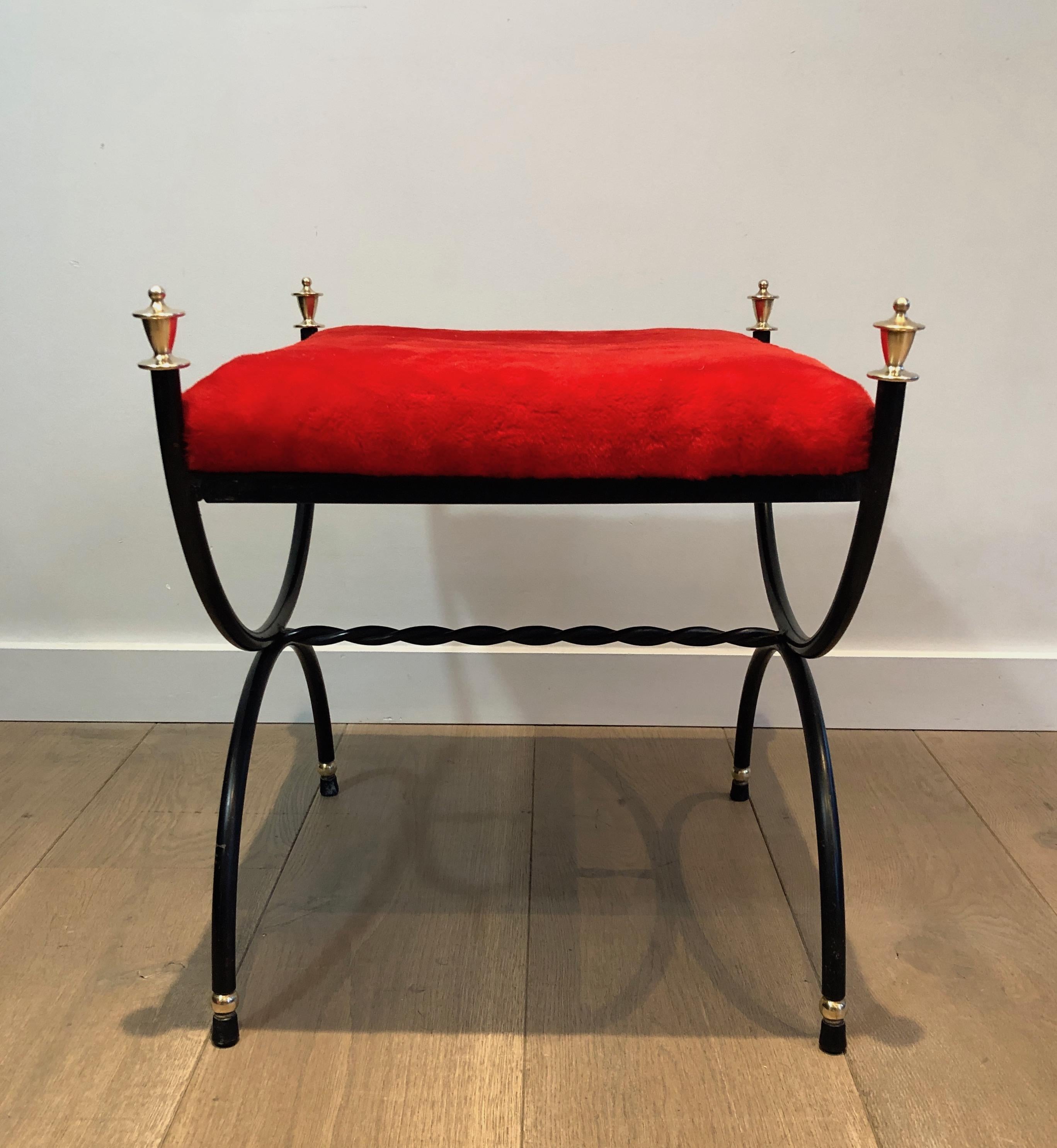 20th Century Neoclassical Style Black Lacquered and Brass Stool with Velvet Seat, circa 1940