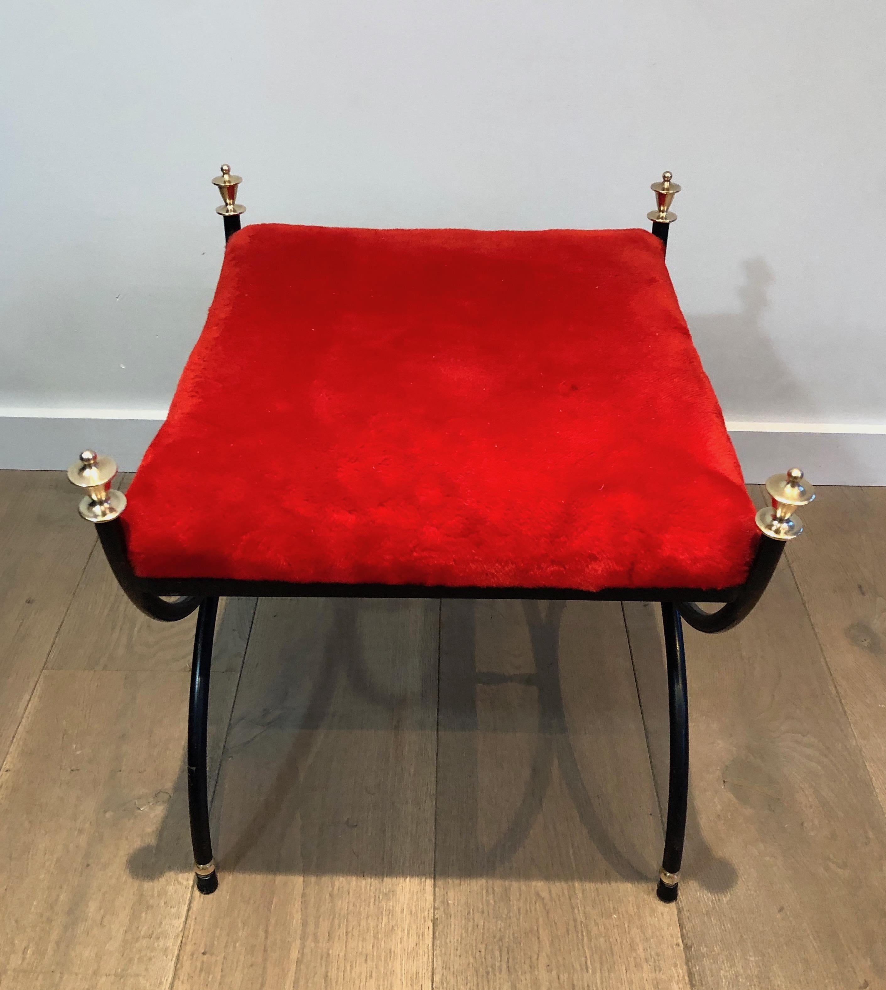 Metal Neoclassical Style Black Lacquered and Brass Stool with Velvet Seat, circa 1940
