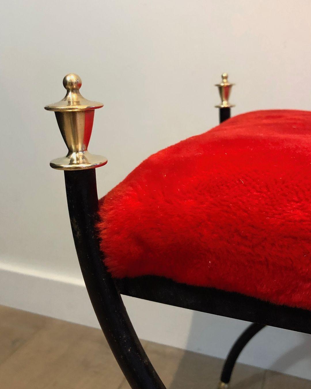 Neoclassical Style Black Lacquered and Brass Stool with Velvet Seat, circa 1940 1