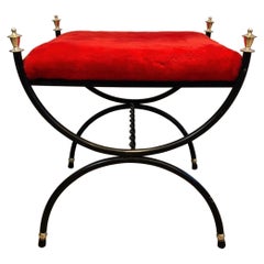 Neoclassical Style Black Lacquered and Brass Stool with Velvet Seat, circa 1940