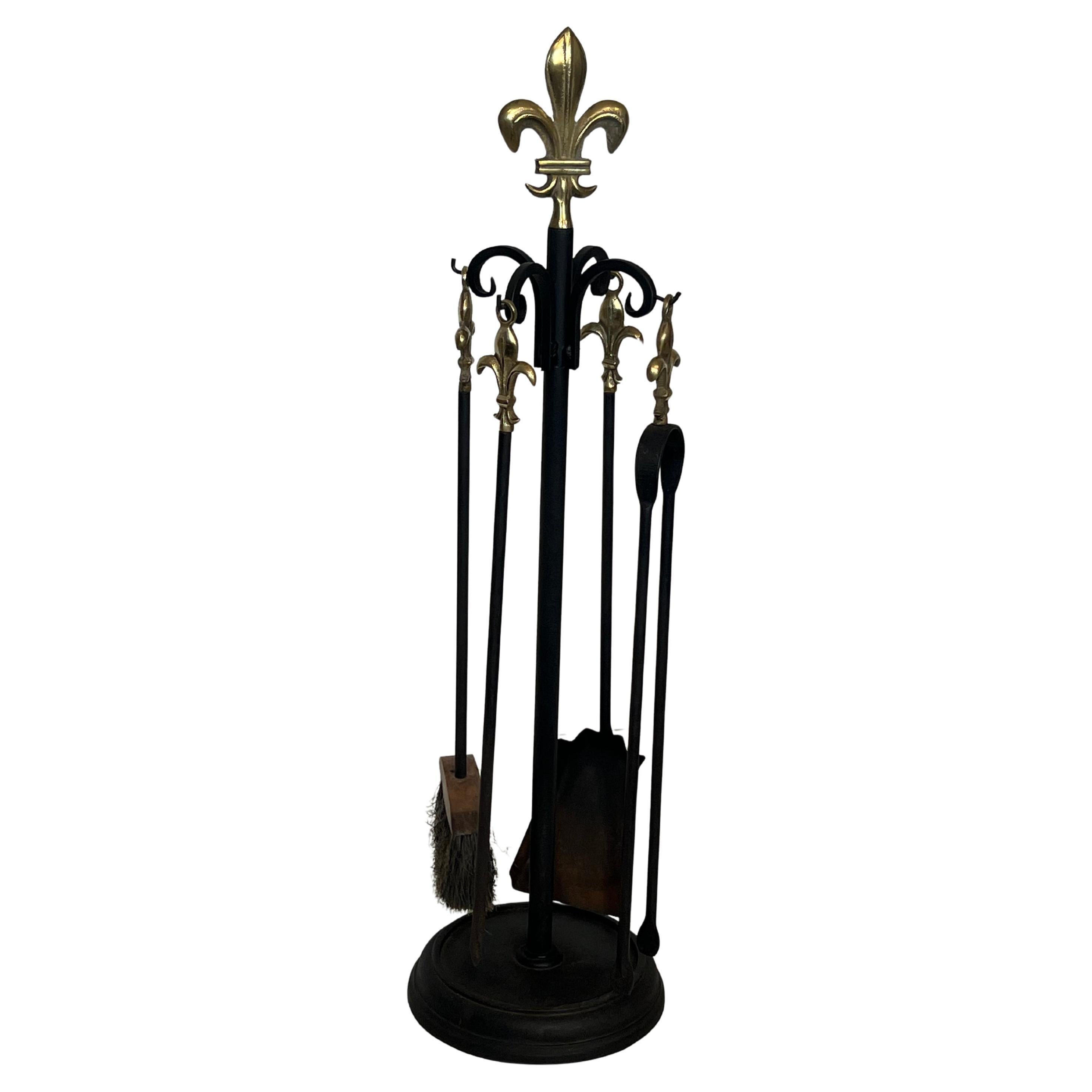 Neoclassical Style Black Lacquered Metal and Brass Fireplace Tools with Lily For Sale