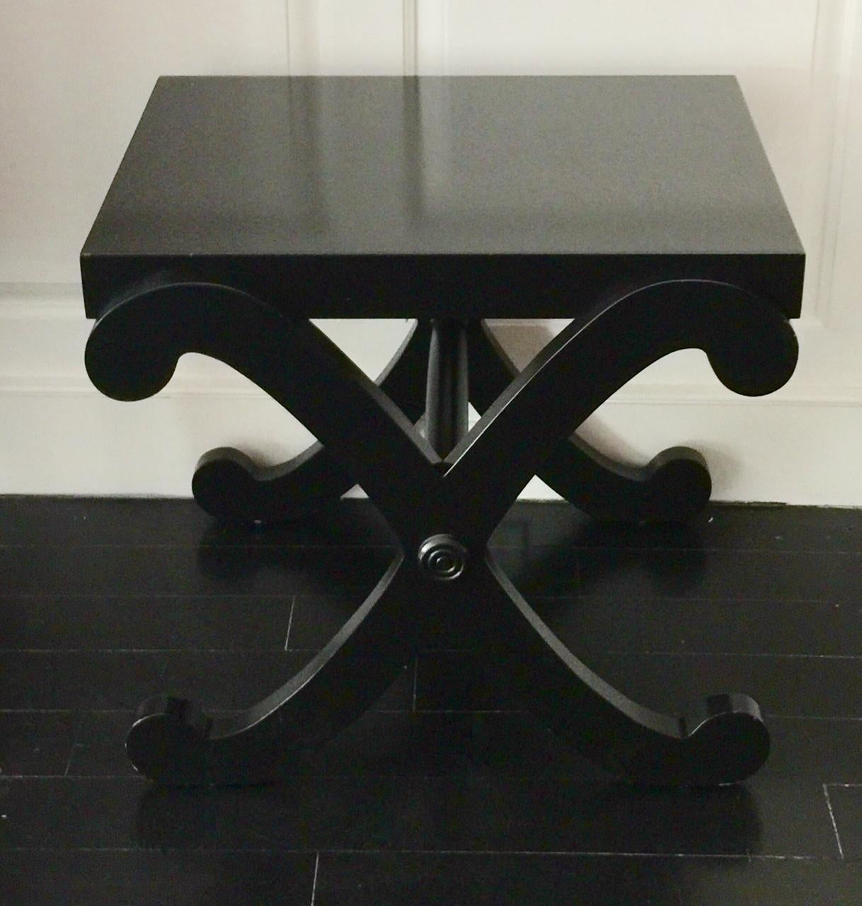 Wood Neoclassical Style Black Lacquered X-Crossed Leg Table For Sale