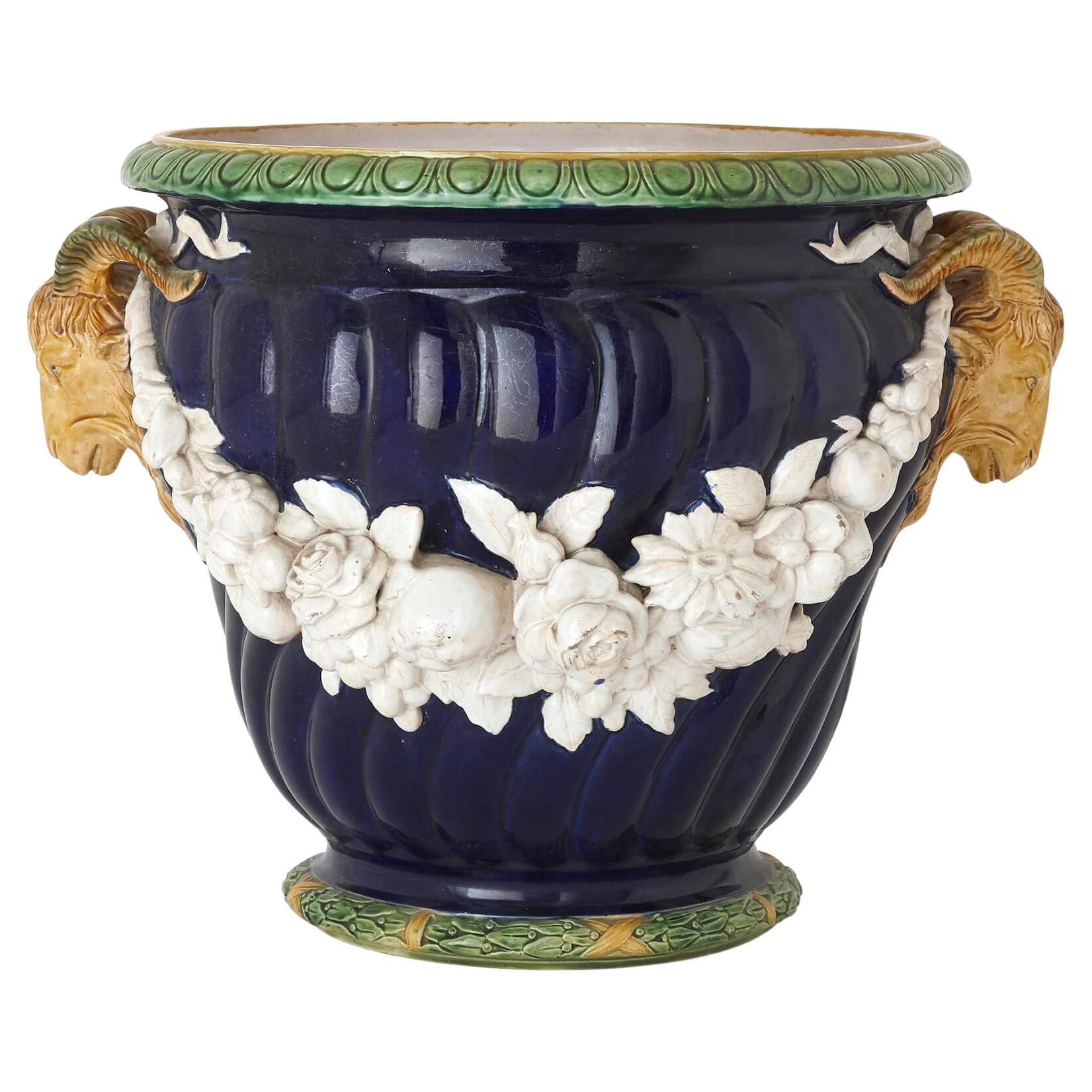 Neoclassical Style Blue Majolica Planter by Minton