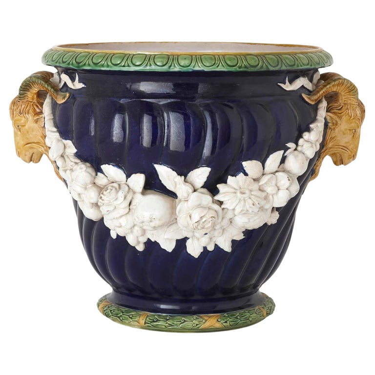Neoclassical Style Blue Majolica Planter by Minton