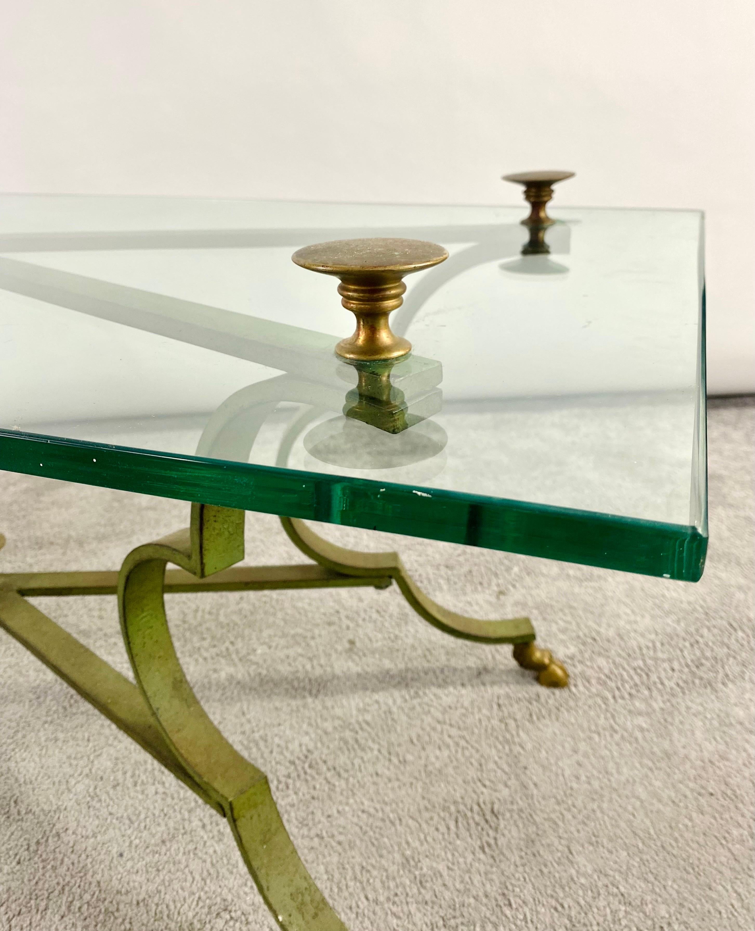 Neoclassical Style Brass and Cast Iron Coffee Table with Glass Top In Good Condition For Sale In Plainview, NY
