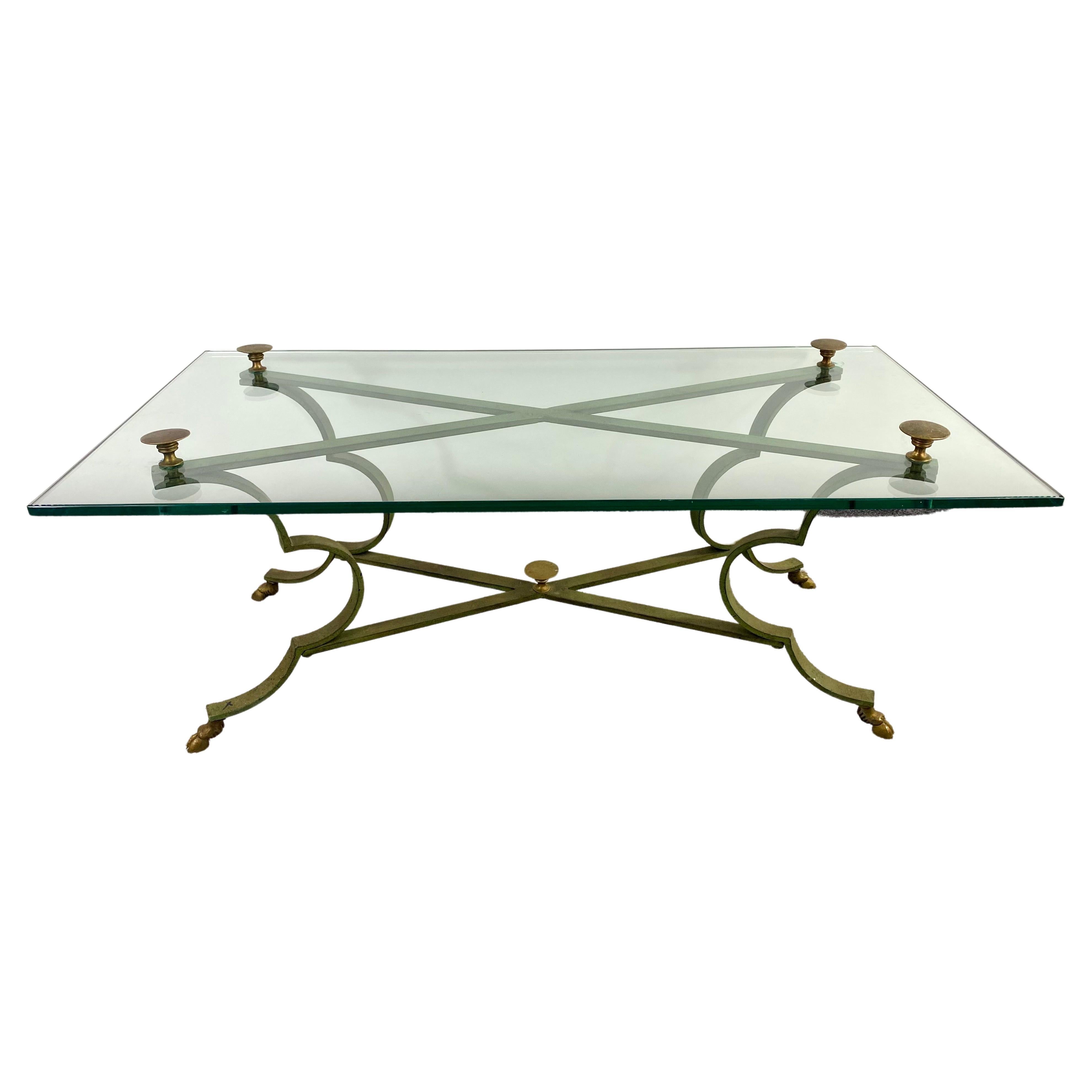 Neoclassical Style Brass and Cast Iron Coffee Table with Glass Top For Sale