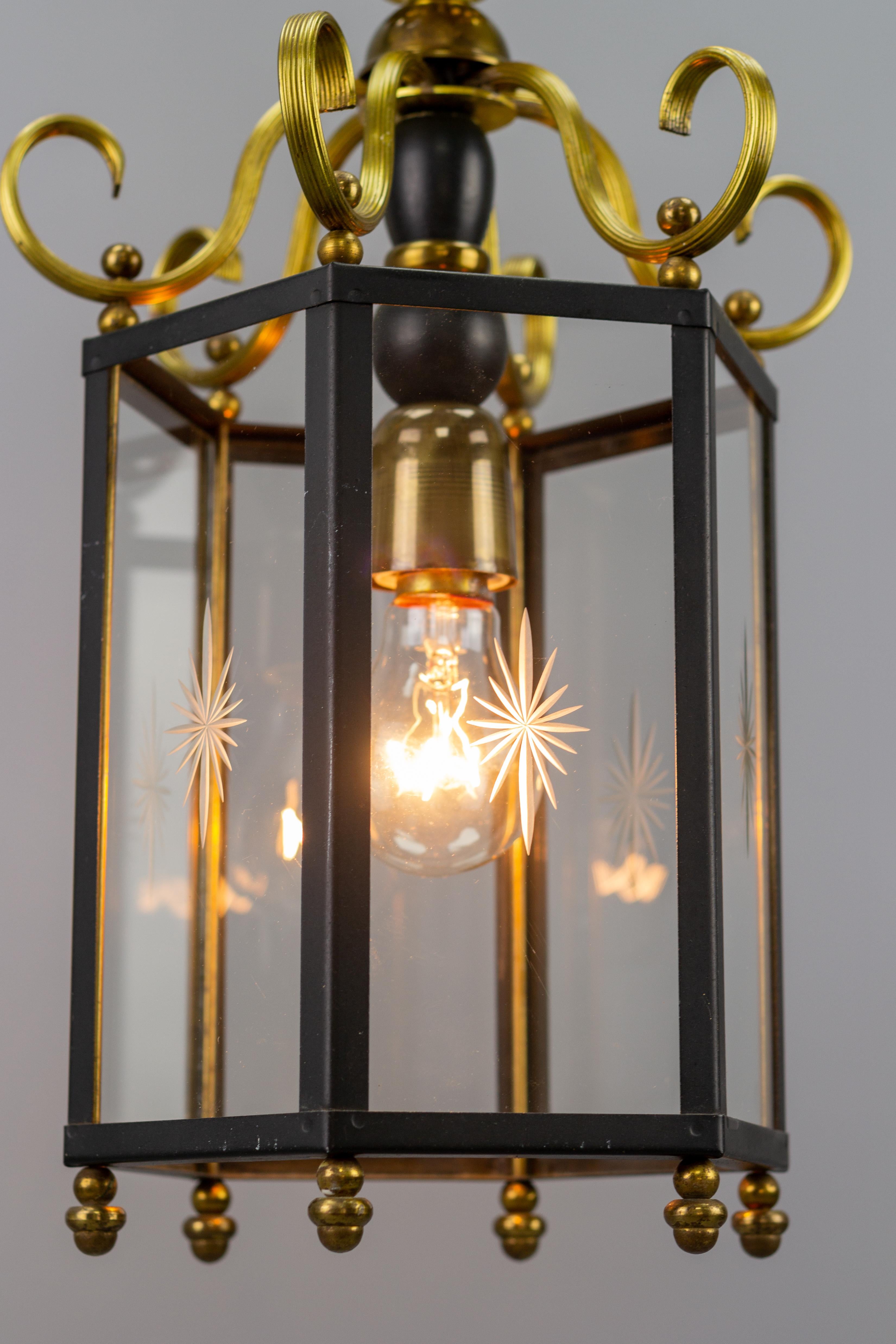 Neoclassical Style Brass and Glass Hanging Hall Lantern For Sale 4