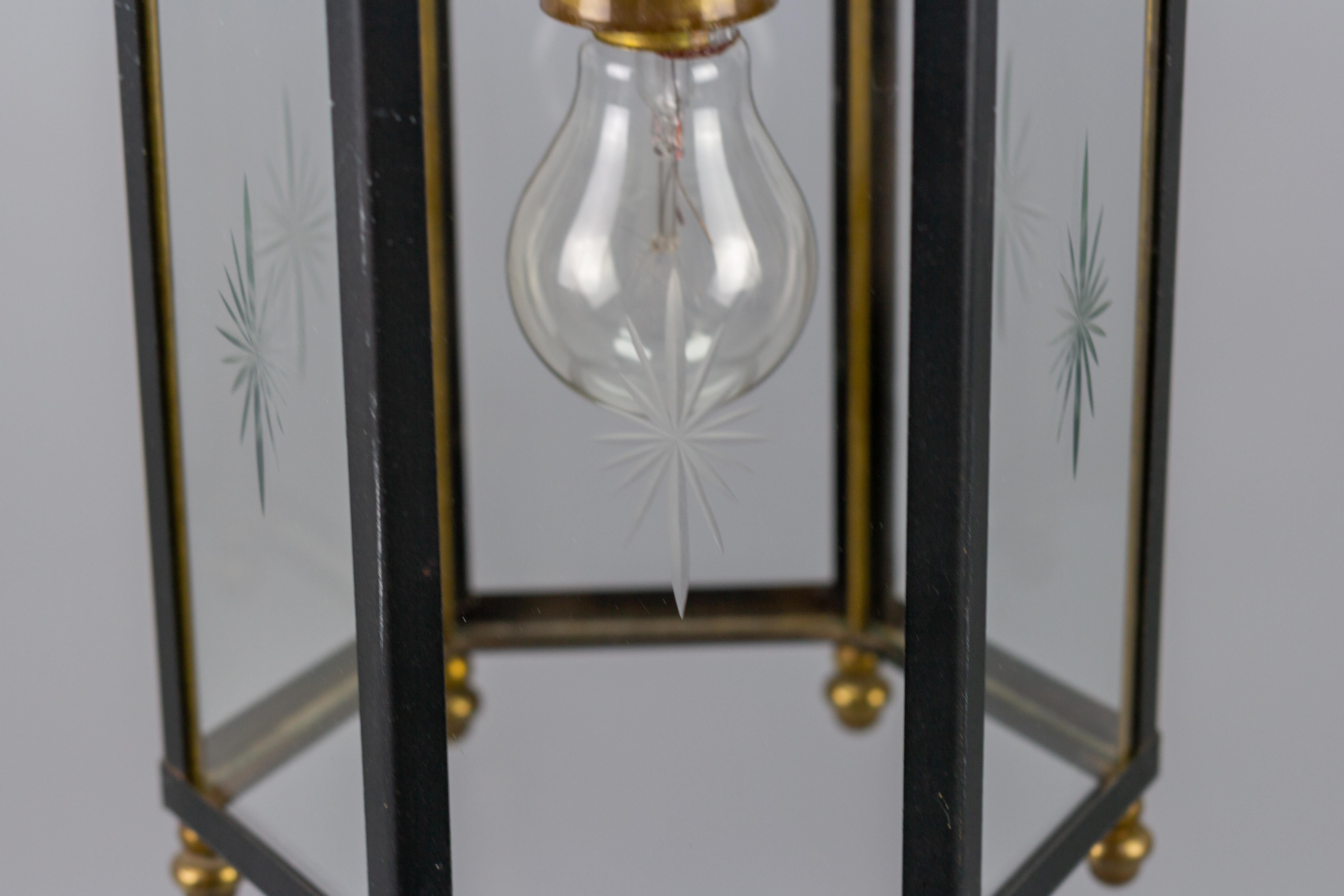 Neoclassical Style Brass and Glass Hanging Hall Lantern For Sale 5