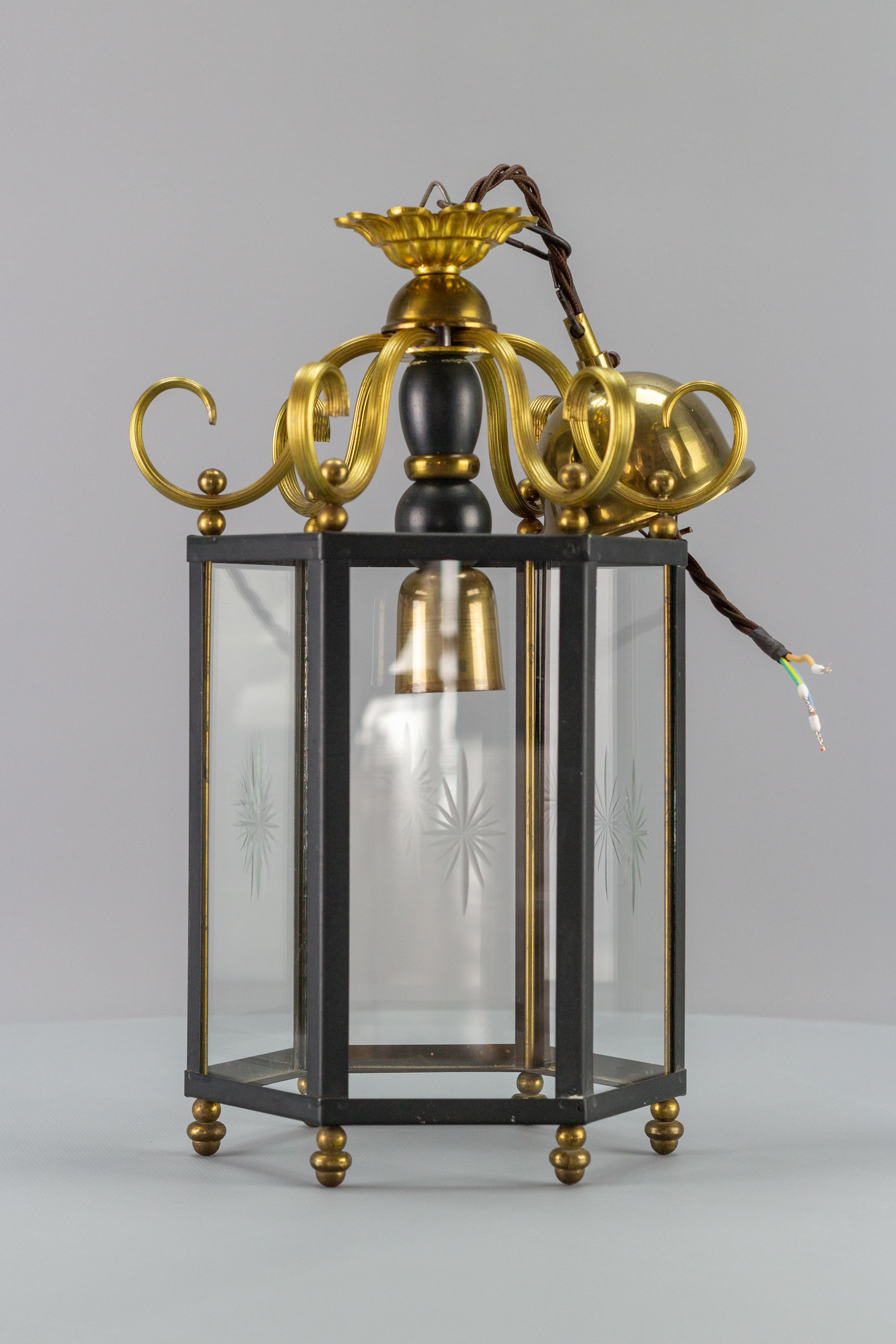 Neoclassical Style Brass and Glass Hanging Hall Lantern For Sale 6