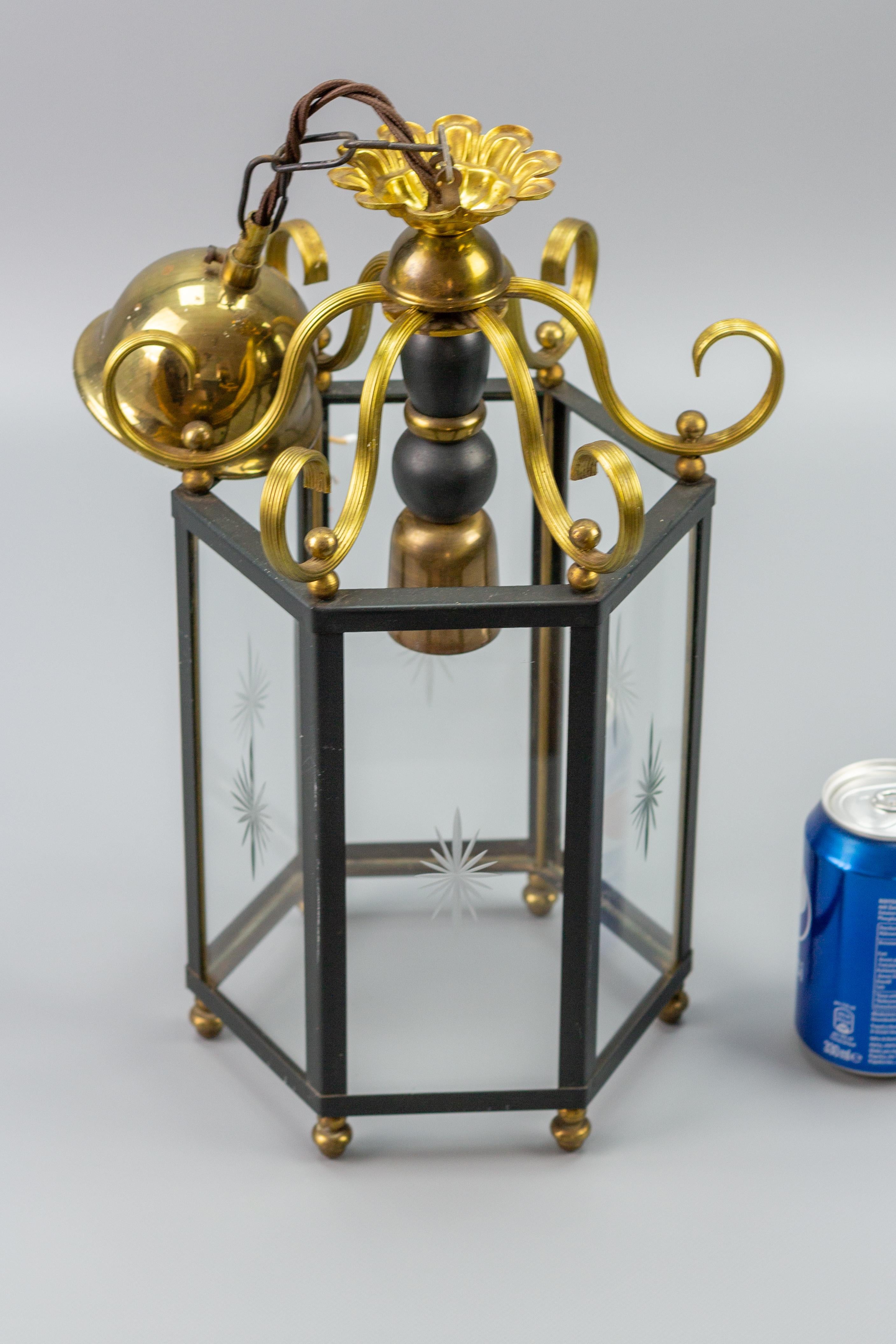 Neoclassical Style Brass and Glass Hanging Hall Lantern For Sale 7