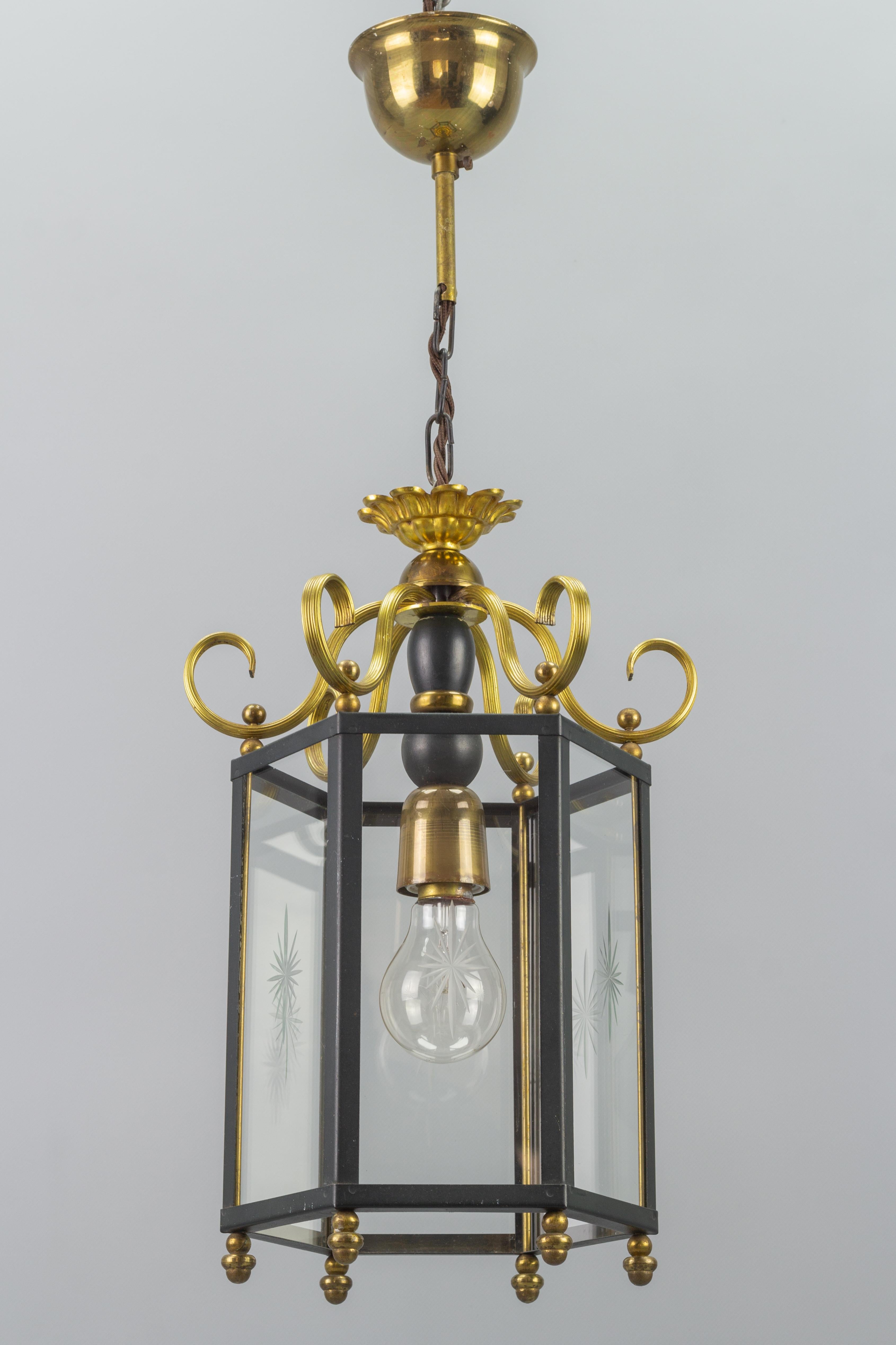Neoclassical Style Brass and Glass Hanging Hall Lantern For Sale 13