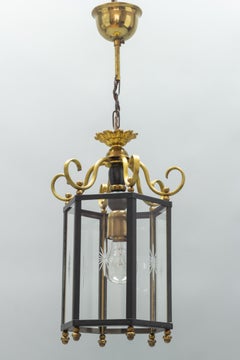 Neoclassical Style Brass and Glass Hanging Hall Lantern