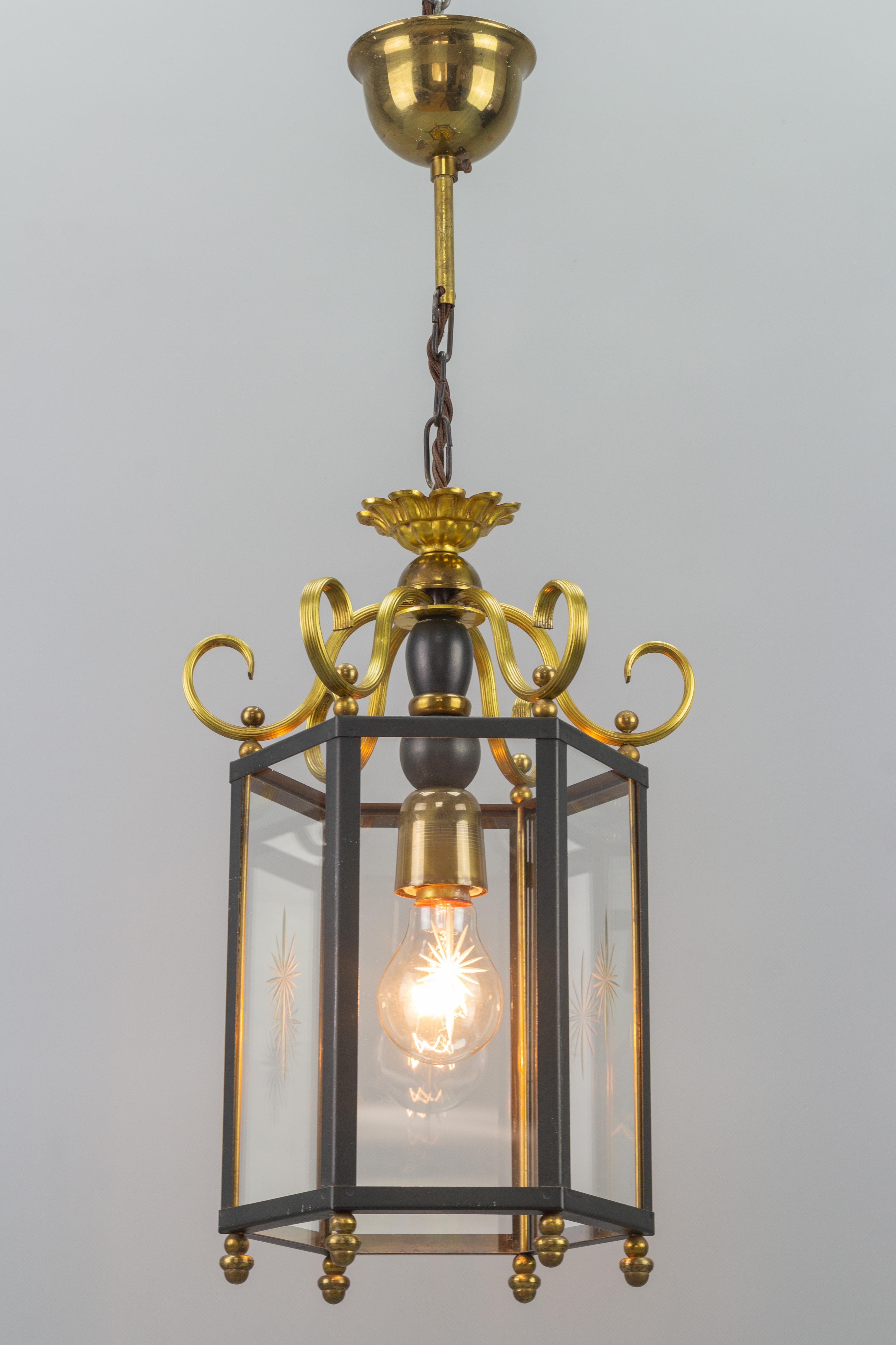Neoclassical Style Brass and Glass Hanging Hall Lantern For Sale 14