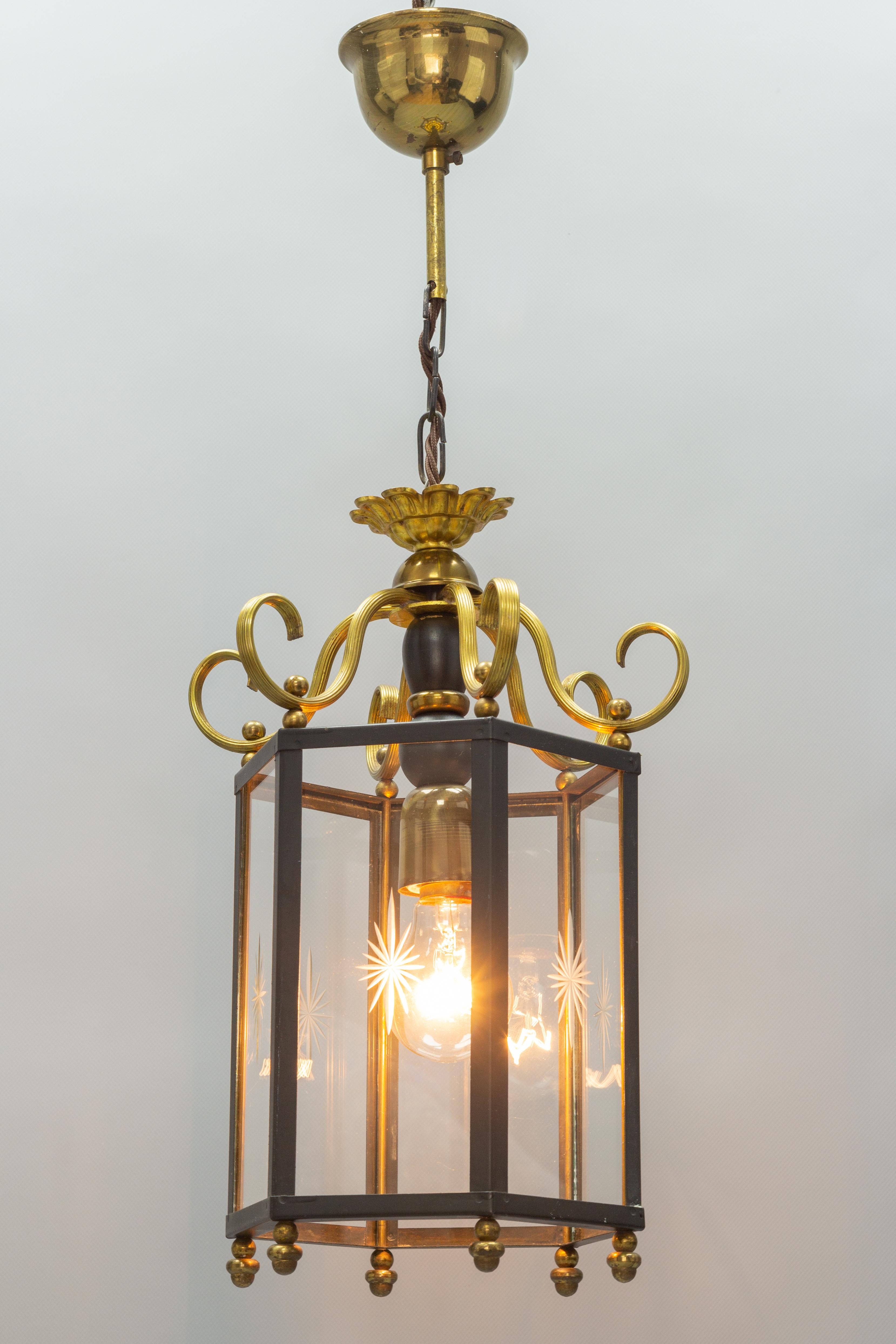 French Neoclassical Style Brass and Glass Hanging Hall Lantern For Sale