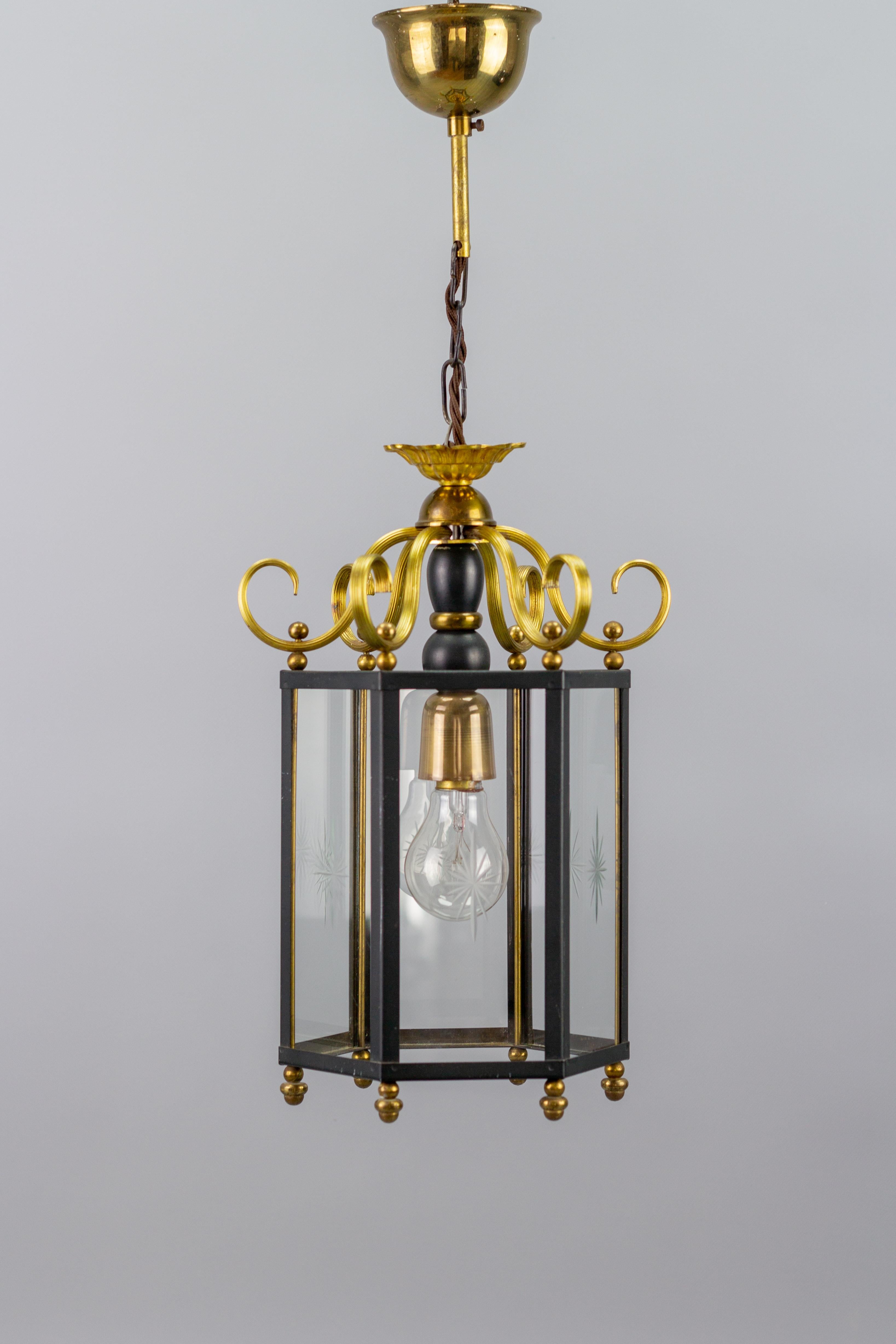 Neoclassical Style Brass and Glass Hanging Hall Lantern In Good Condition For Sale In Barntrup, DE