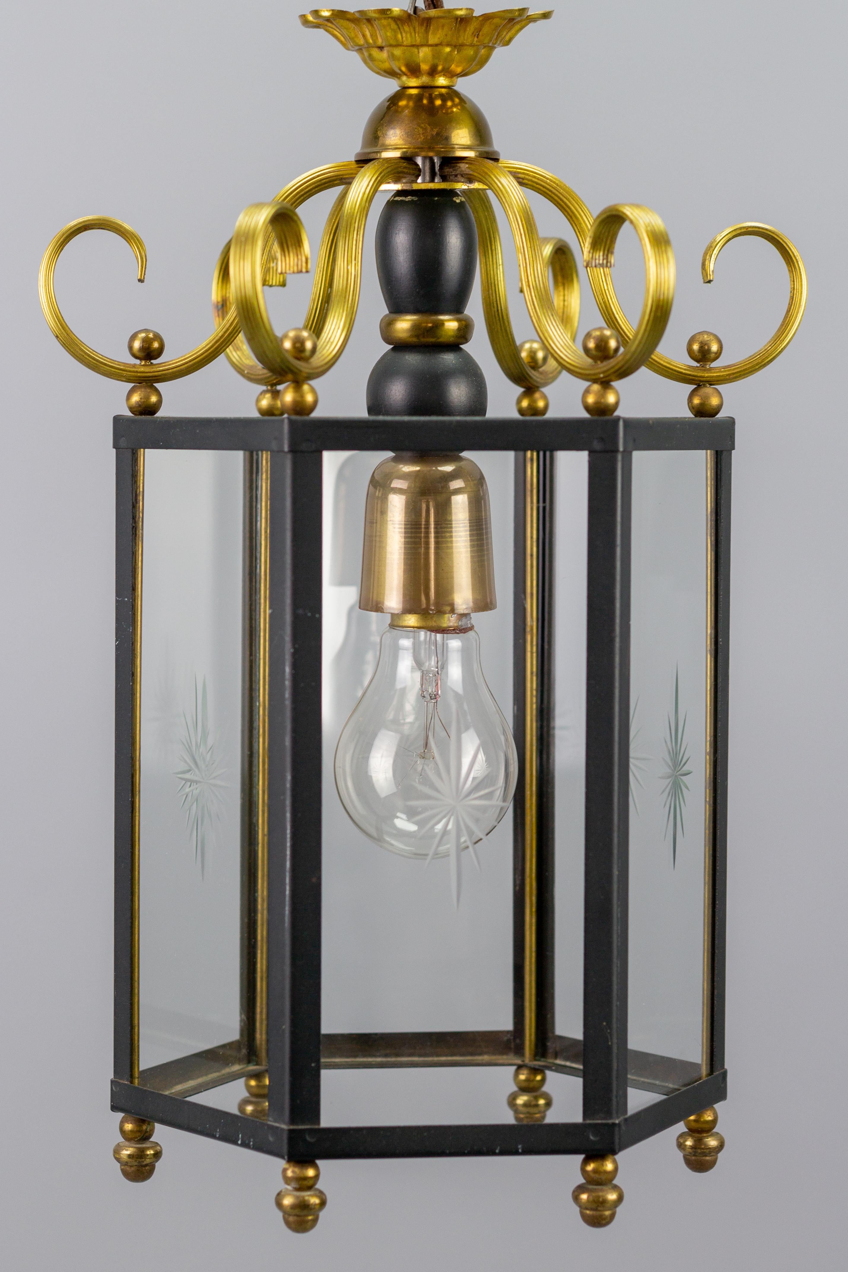 Mid-20th Century Neoclassical Style Brass and Glass Hanging Hall Lantern For Sale