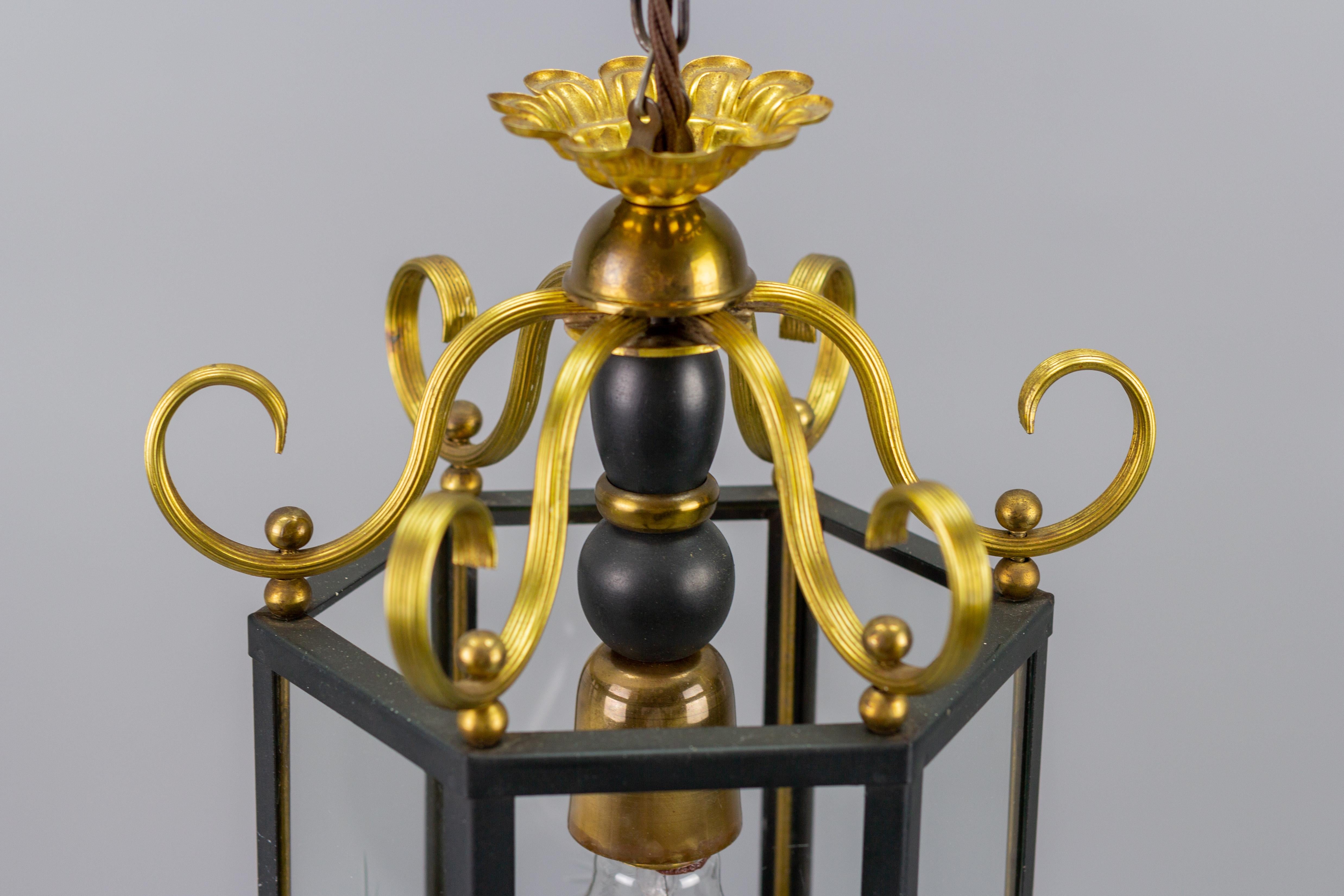 Metal Neoclassical Style Brass and Glass Hanging Hall Lantern For Sale
