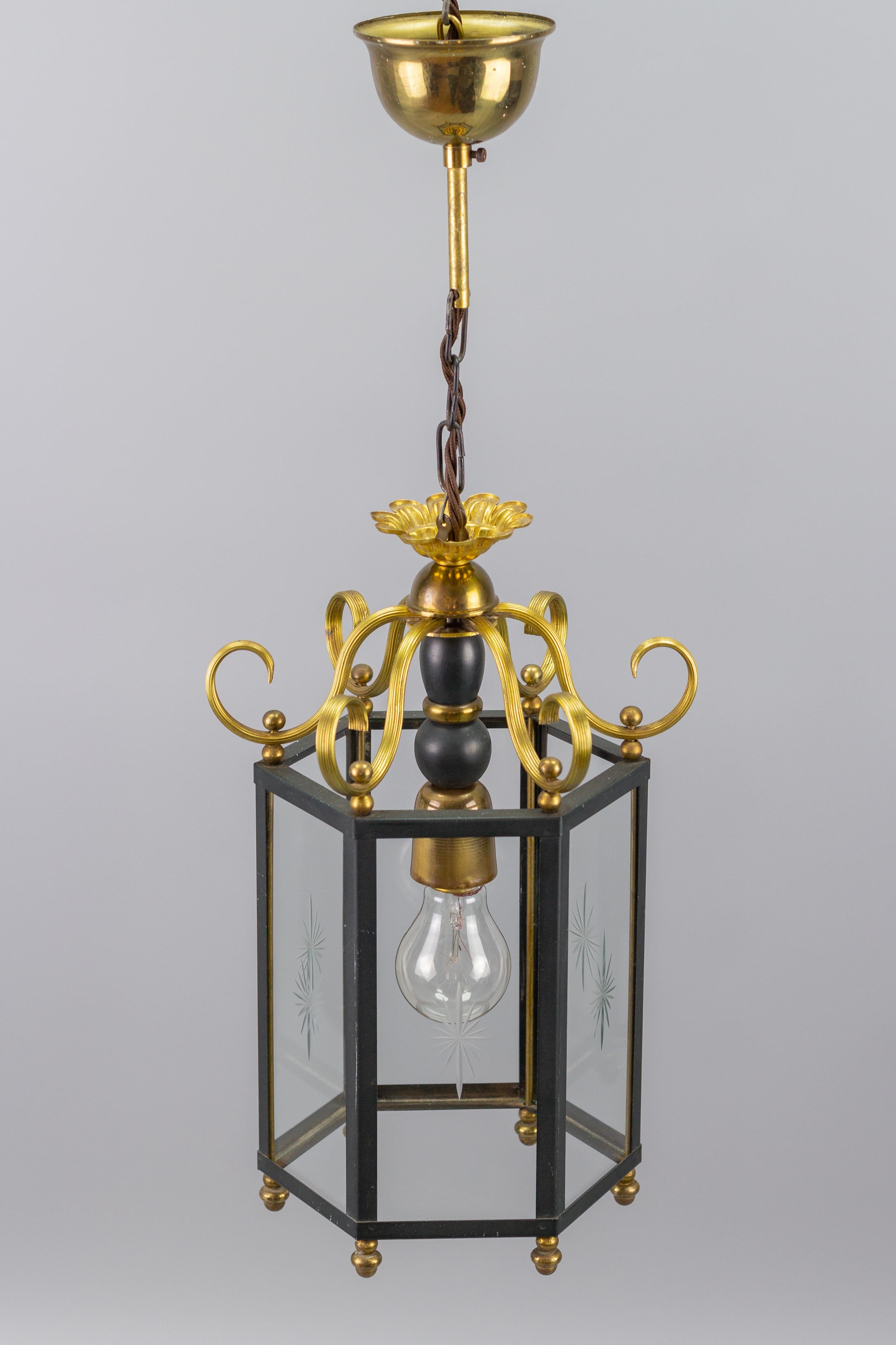 Neoclassical Style Brass and Glass Hanging Hall Lantern For Sale 2