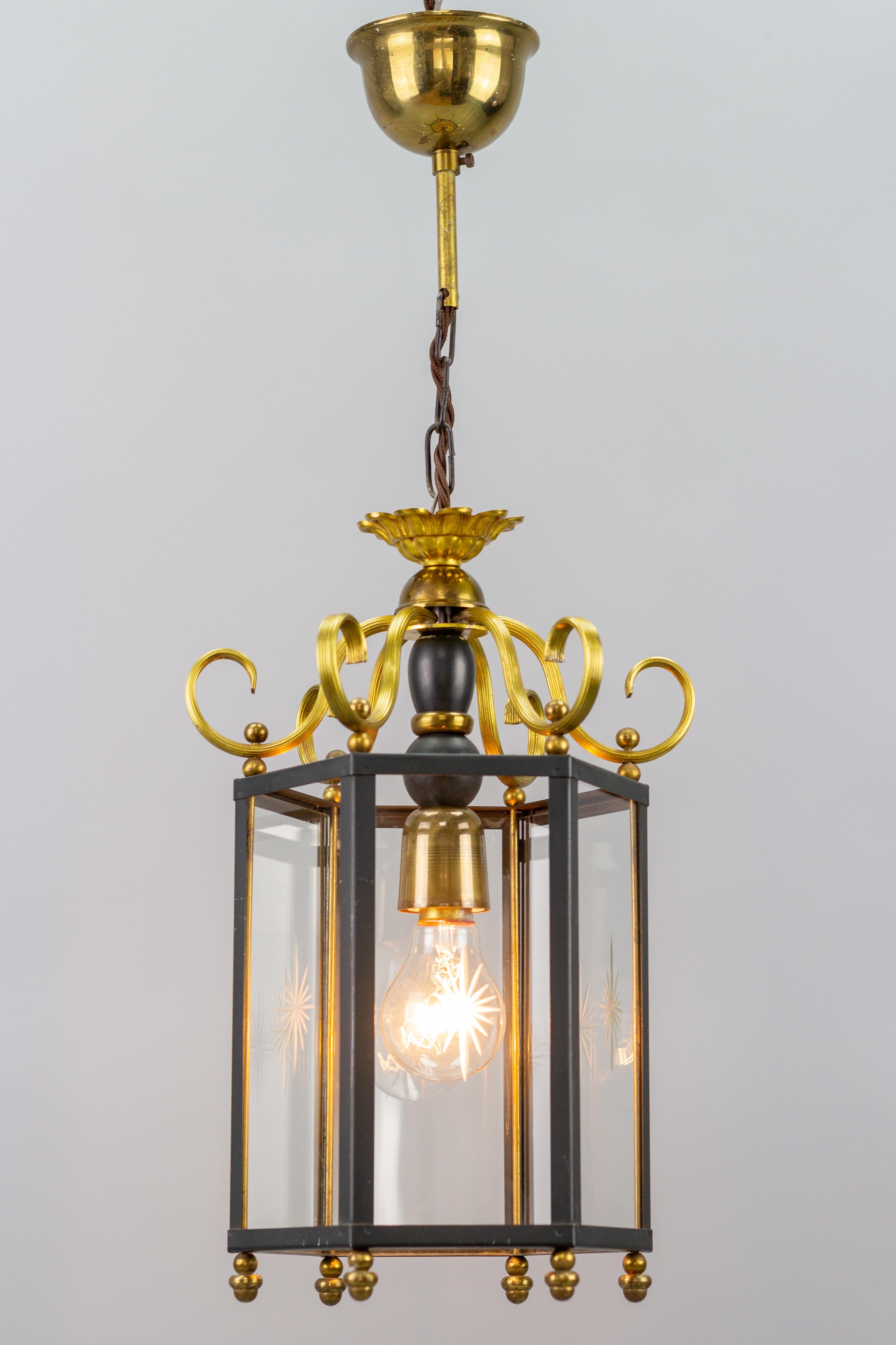 Neoclassical Style Brass and Glass Hanging Hall Lantern For Sale 3